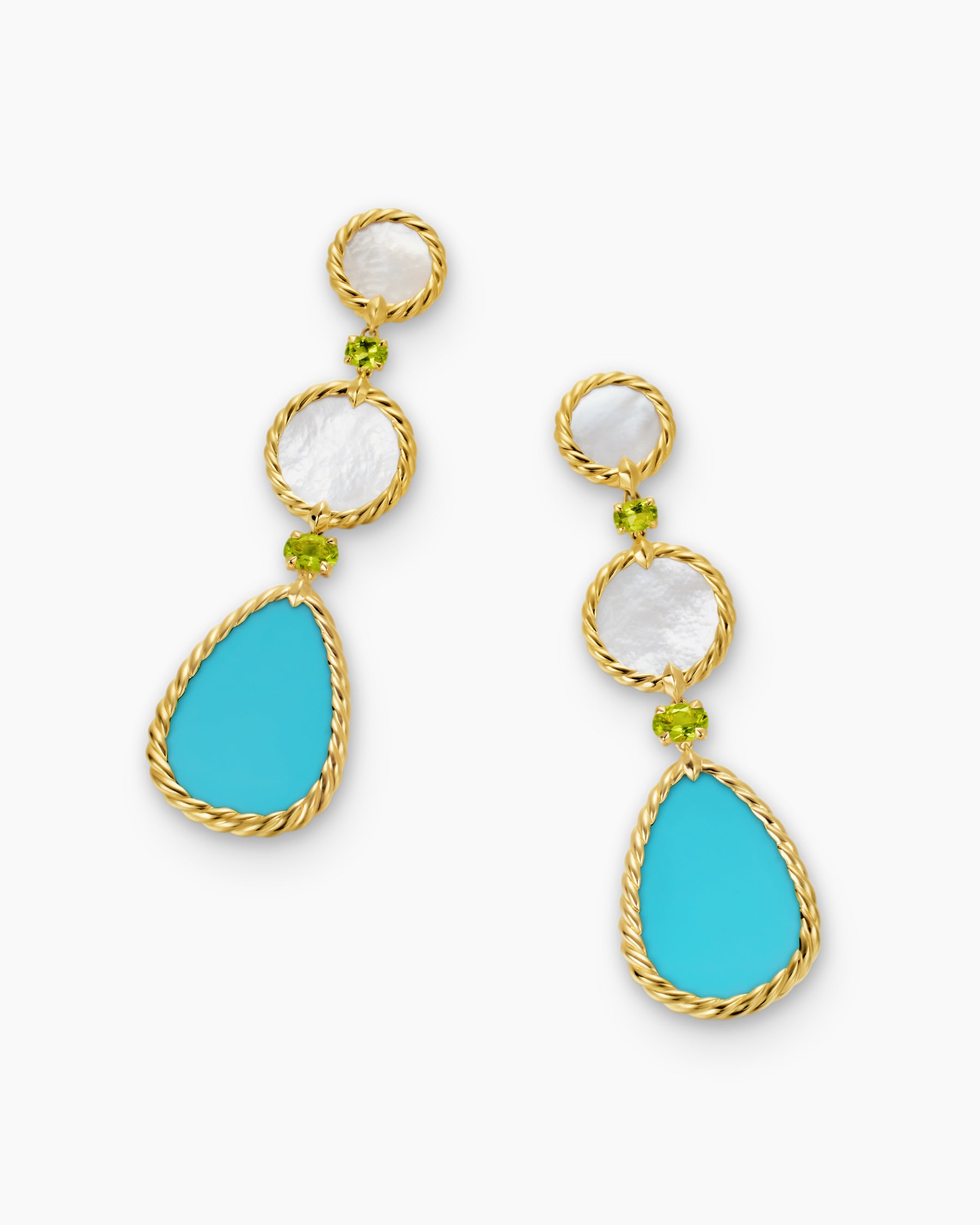DY Elements Statement Drop Earrings in 18K Yellow Gold with Turquoise, Mother of Pearl and Peridot, 70mm - Image 5
