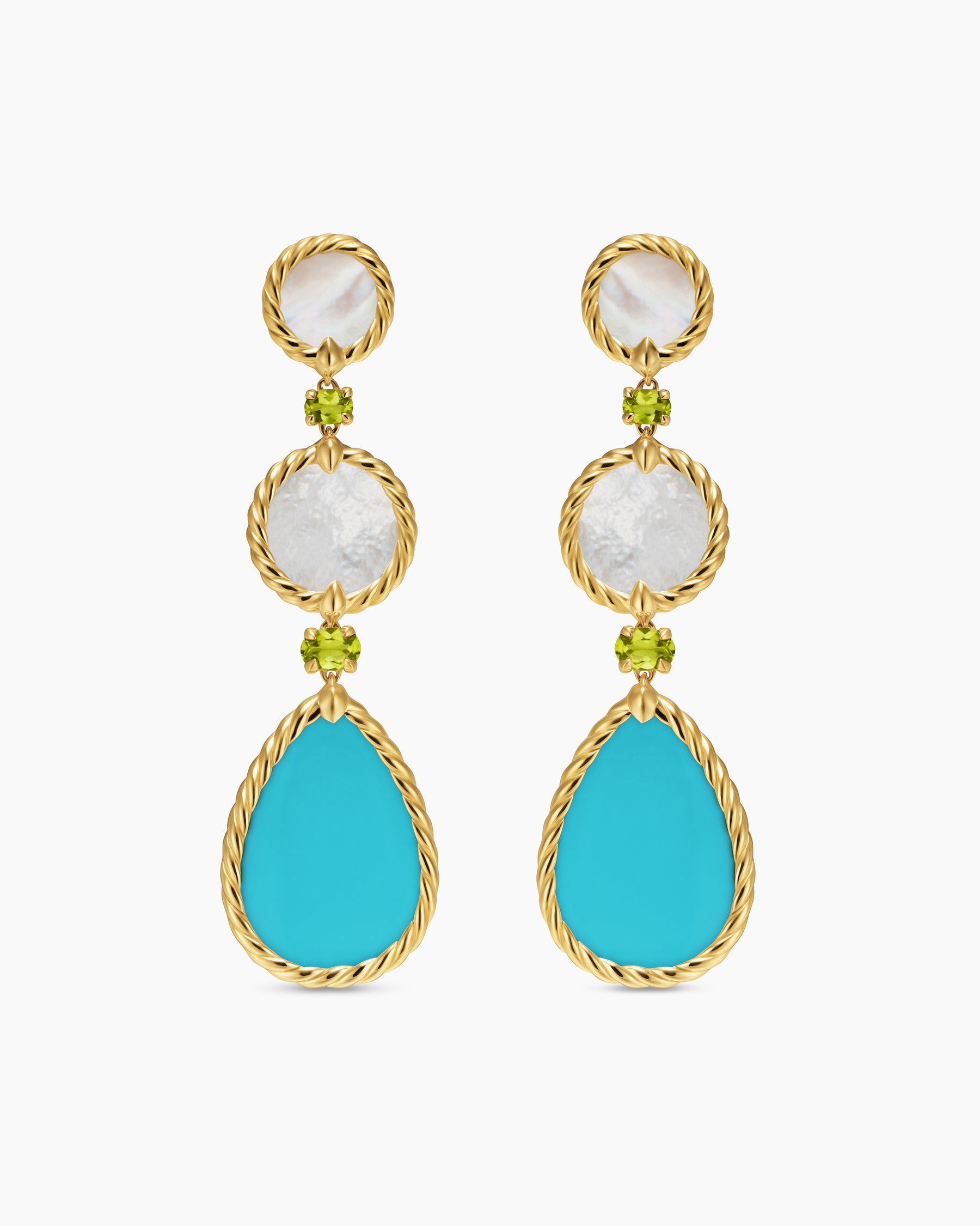 DY Elements Statement Drop Earrings in 18K Yellow Gold with Turquoise, Mother of Pearl and Peridot, 70mm