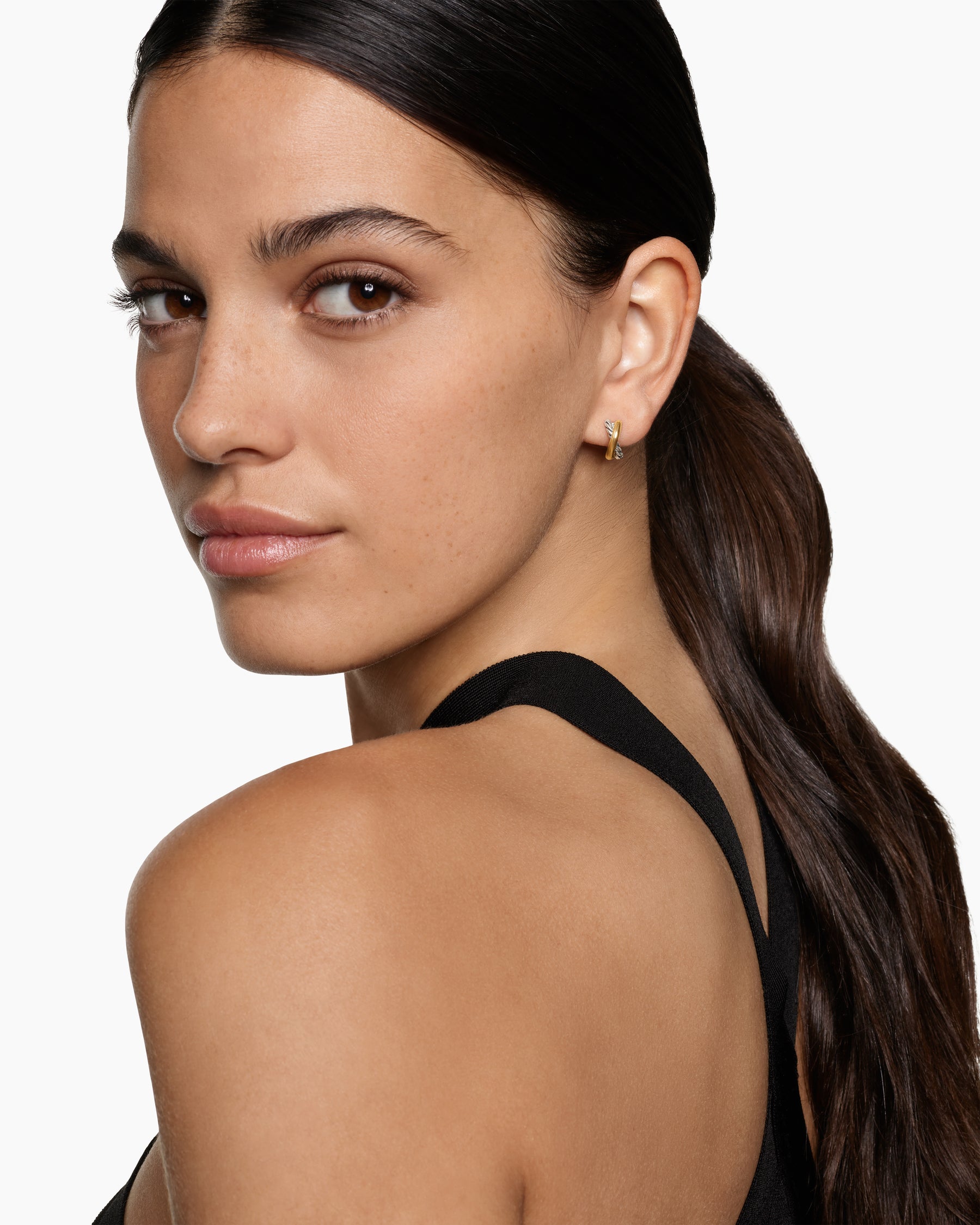 Alternative view of Crossover Huggie Hoop Earrings in Sterling Silver with 18K Yellow Gold, 12.4mm