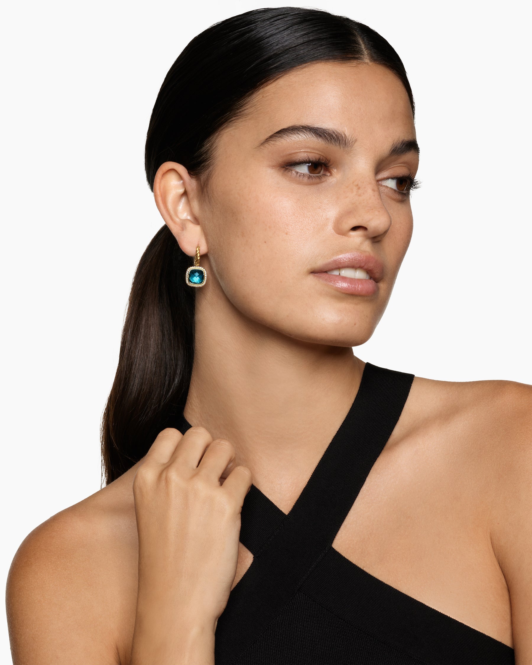 Alternative view of Albion Drop Earrings in 18K Yellow Gold with Hampton Blue Topaz and Diamonds, 10mm