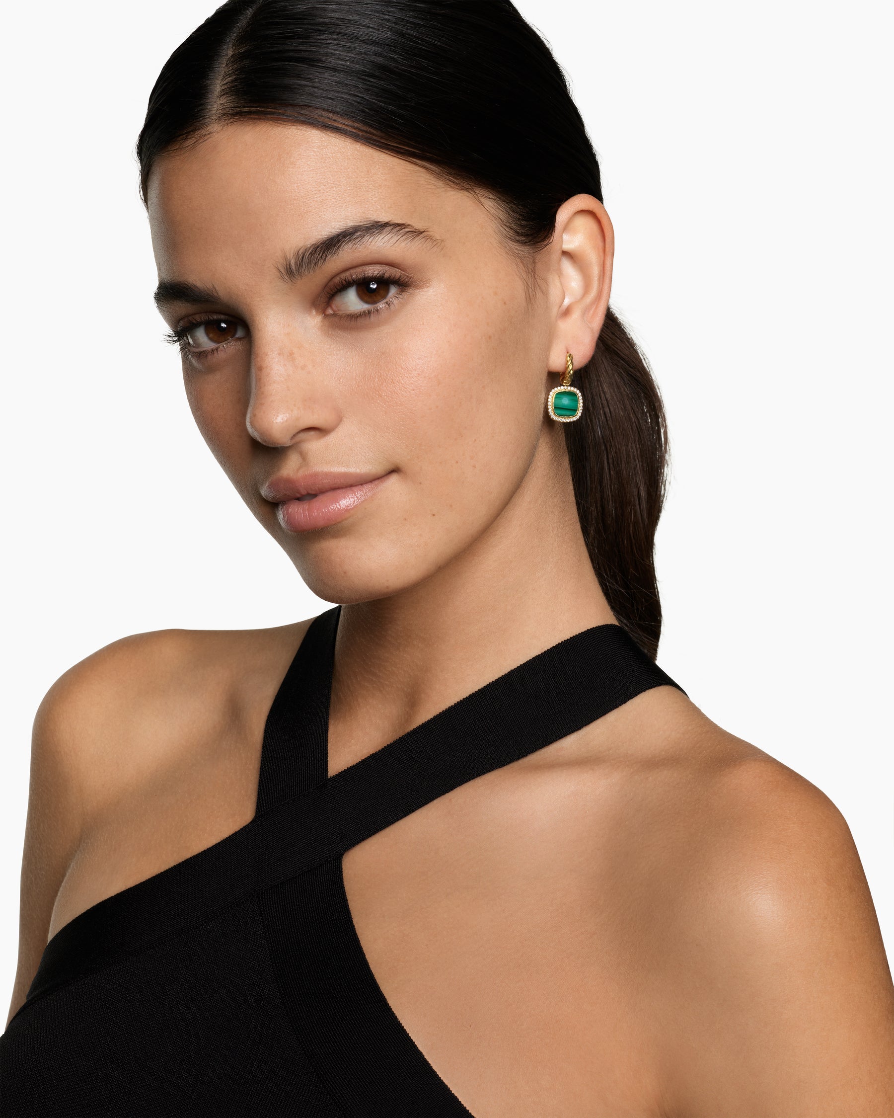 Alternative view of Albion Drop Earrings in 18K Yellow Gold with Malachite and Diamonds, 10mm