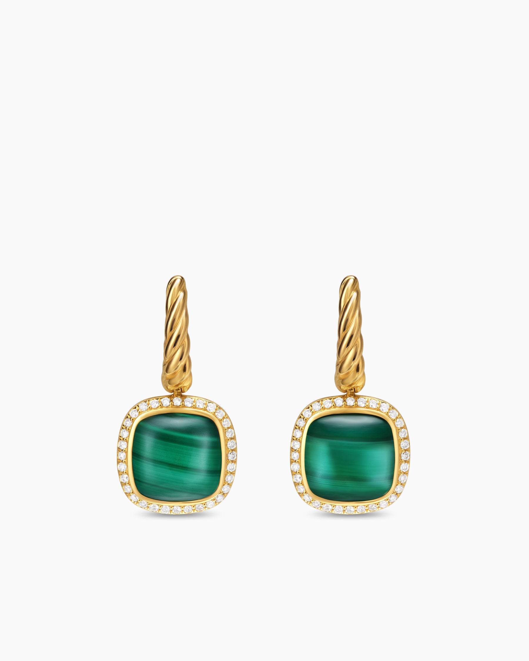 Albion Drop Earrings in 18K Yellow Gold with Malachite and Diamonds, 10mm