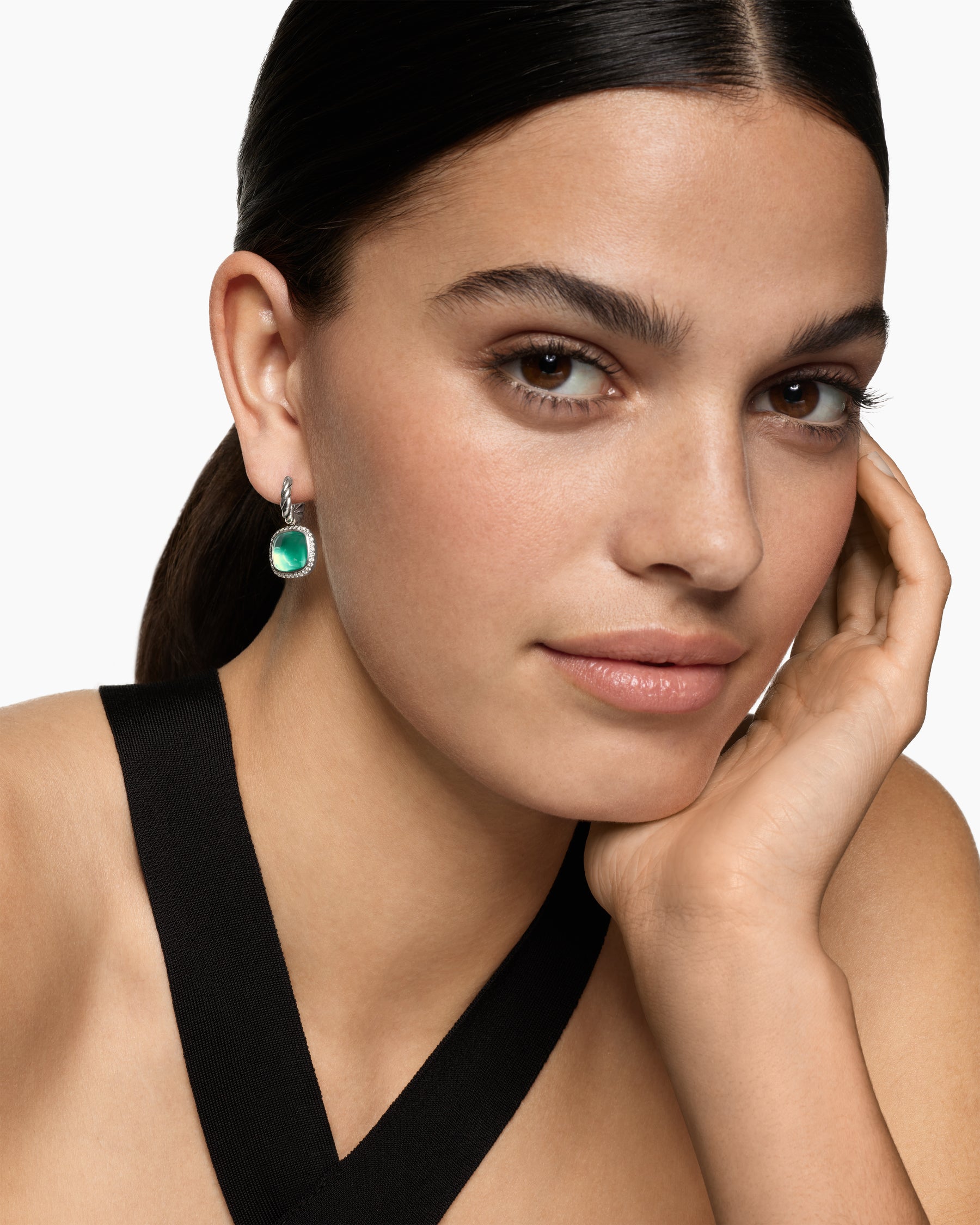 Alternative view of Albion Drop Earrings in Sterling Silver with Lagoon Orchid and Diamonds, 10mm