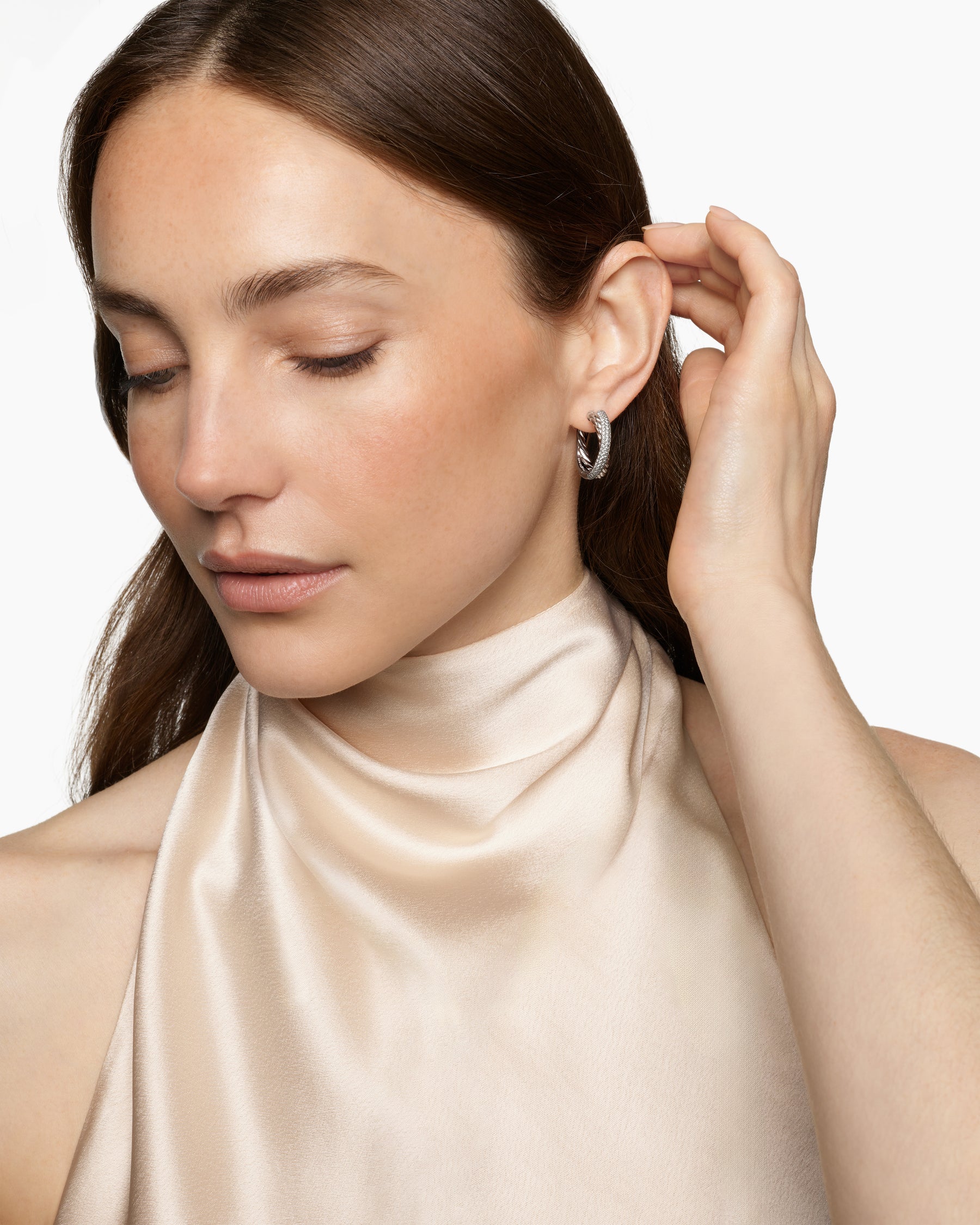 Alternative view of Crossover Hoop Earrings in Sterling Silver with Diamonds, 22.3mm