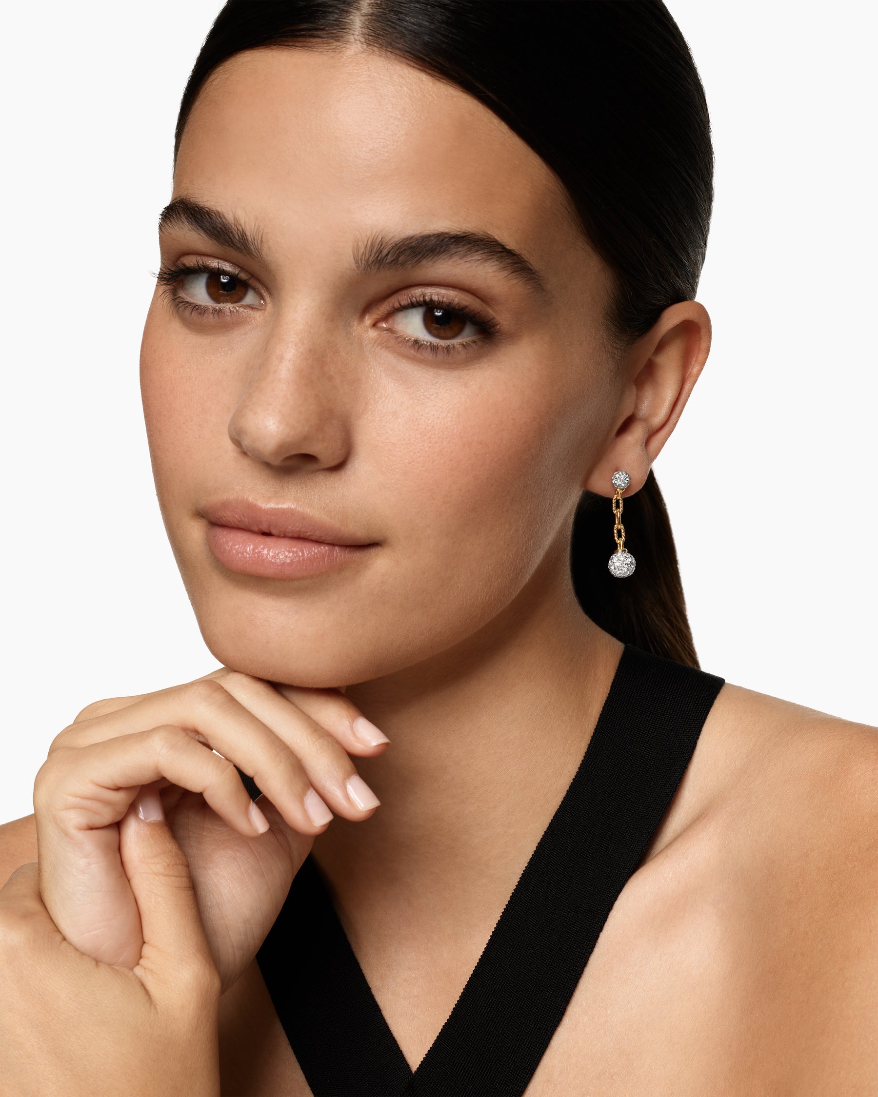 Alternative view of DY Madison Pavé Bead Drop Earrings in 18K Yellow Gold with Diamonds, 33mm