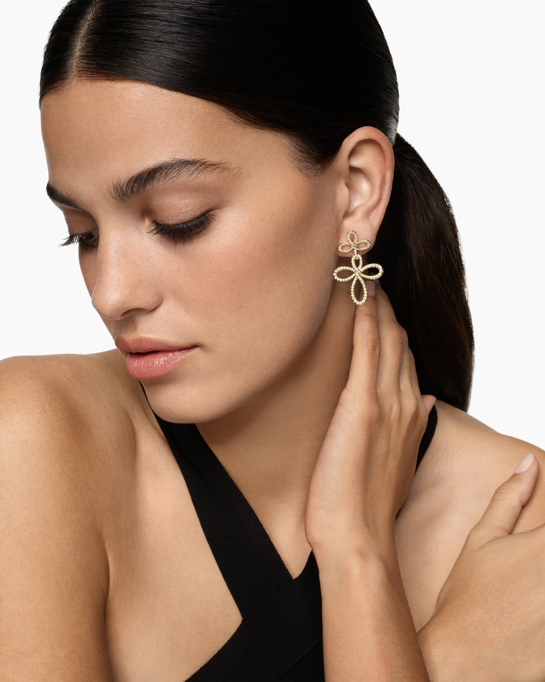 Alternative view of Wisteria Drop Earrings in 18K Yellow Gold with Diamonds, 37.8mm