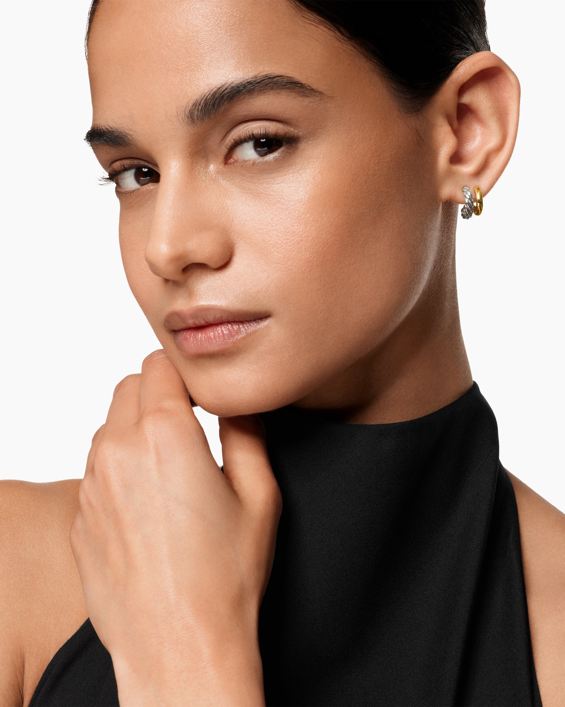 Alternative view of DY Mercer Double Hoop Huggie Earrings in Sterling Silver with 18K Yellow Gold, 13.5mm