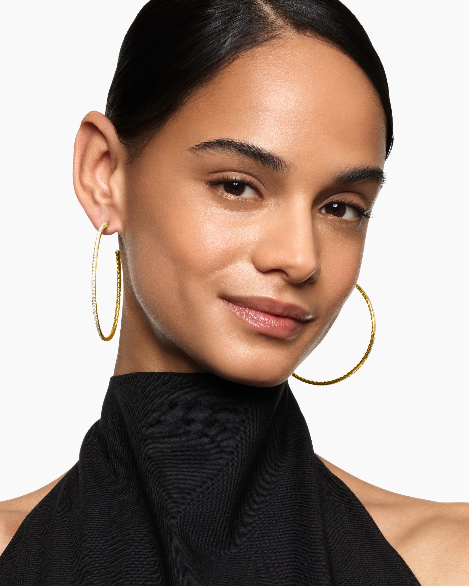 Alternative view of Pavé Hoop Earrings in 18K Yellow Gold with Diamonds, 63.5mm