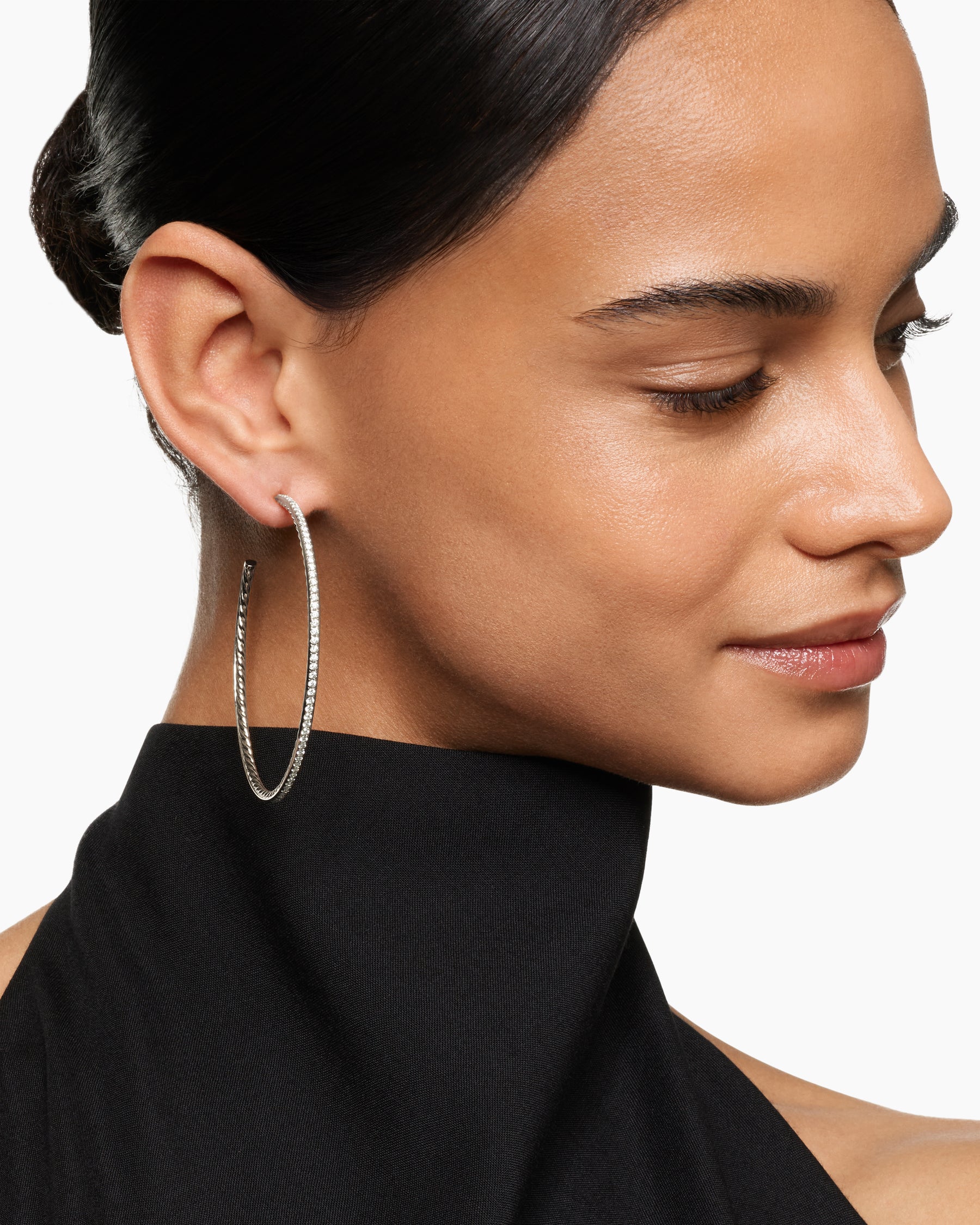Alternative view of Pavé Hoop Earrings in Sterling Silver with Diamonds, 63.5mm