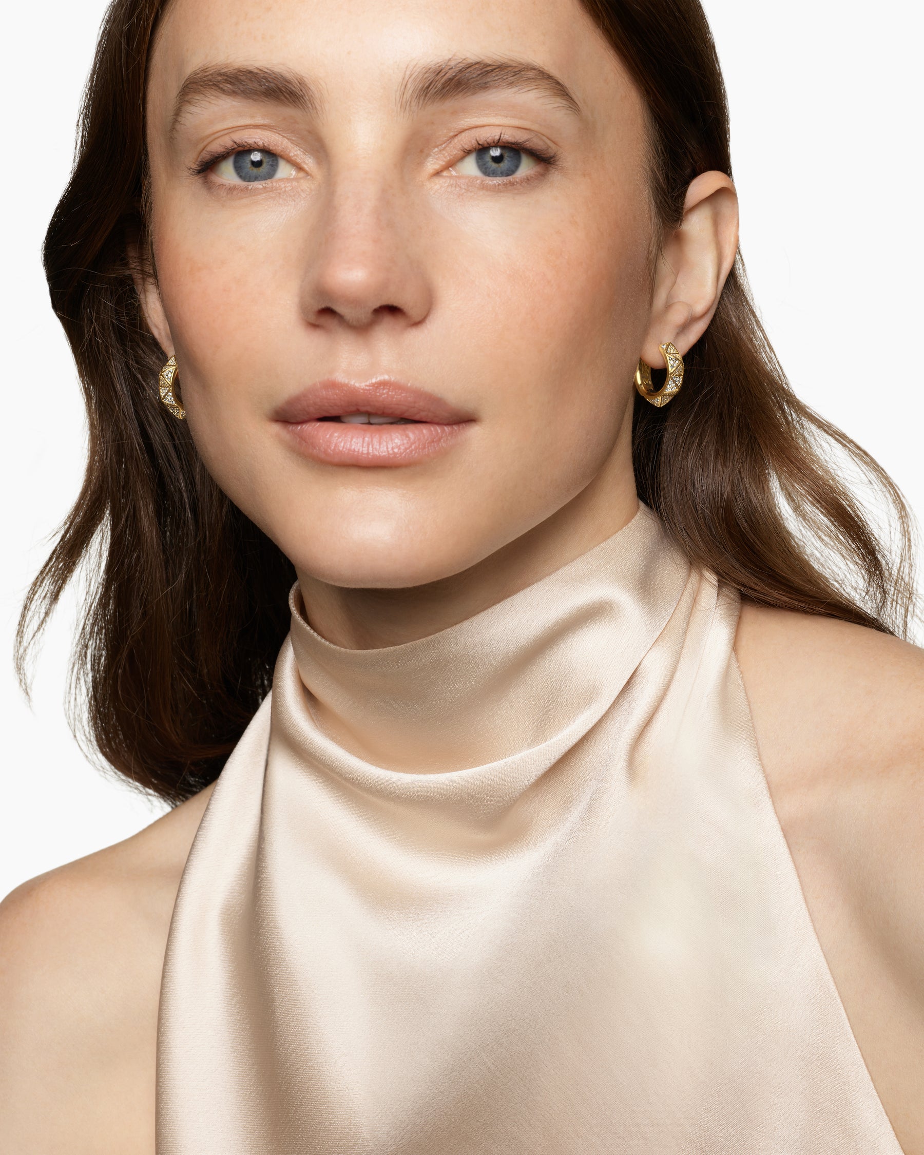 Alternative view of Pyramid Hoop Earrings in 18K Yellow Gold with Diamonds, 18.7mm