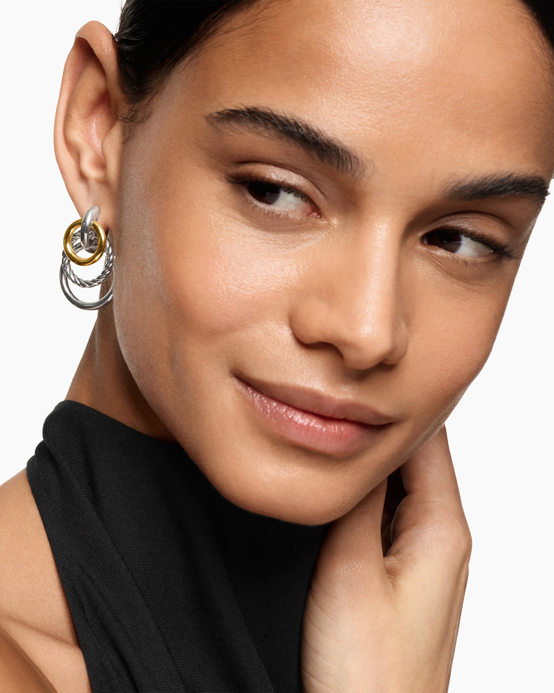 Alternative view of DY Mercer Triple Ring Drop Earrings in Sterling Silver with 18K Yellow Gold, 35.6mm