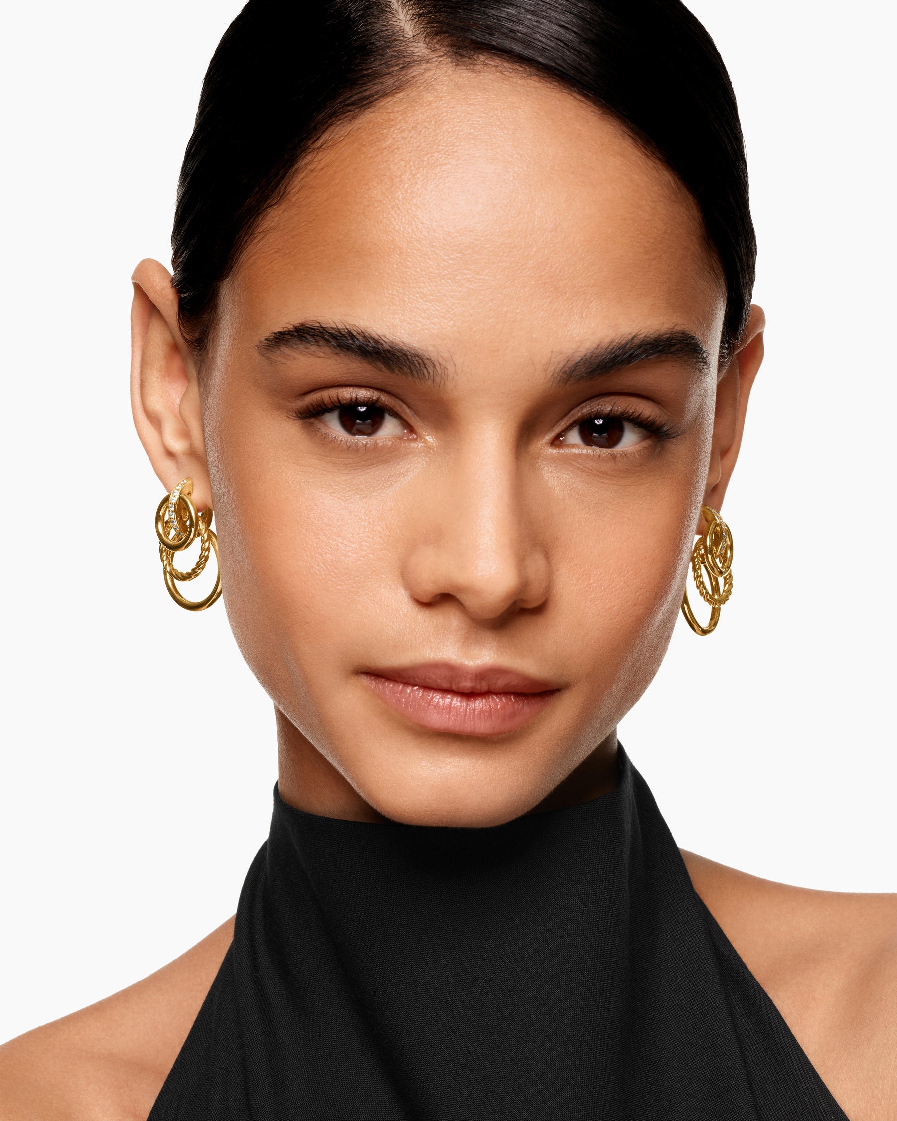 Alternative view of DY Mercer Triple Ring Drop Earrings in 18K Yellow Gold with Diamonds, 35.6mm