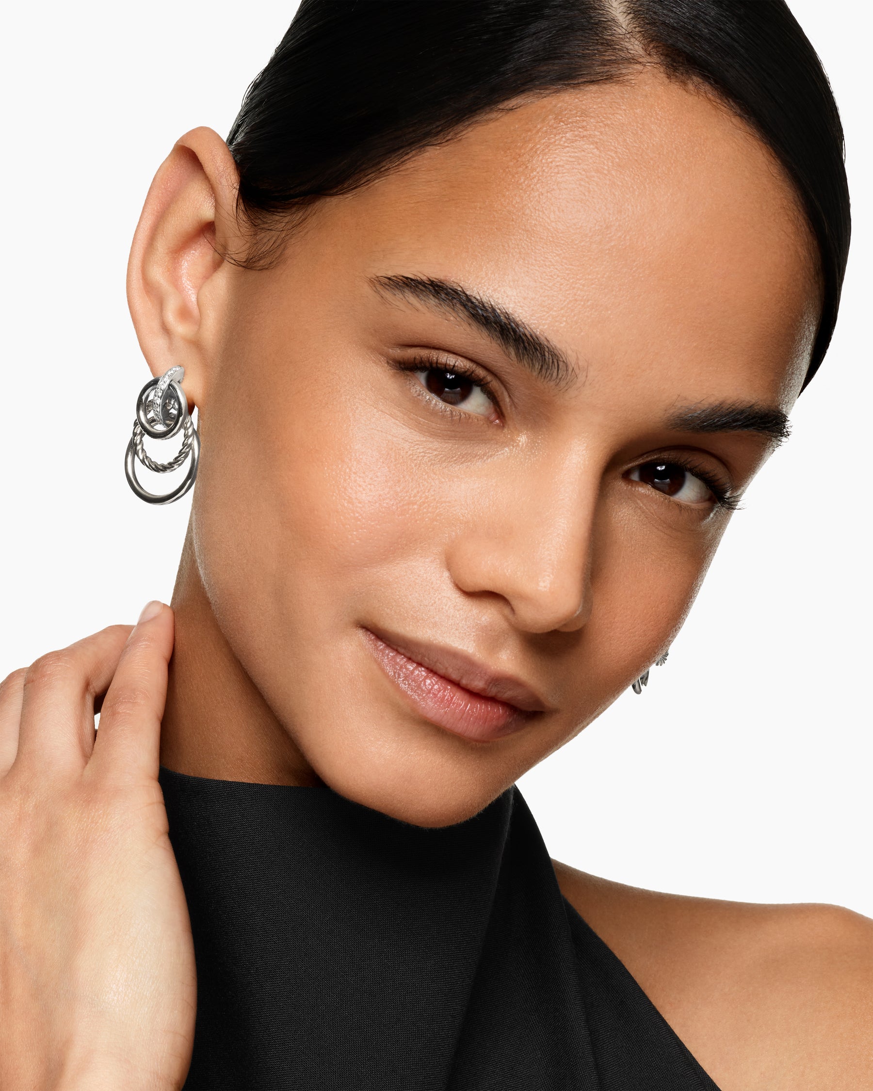 Alternative view of DY Mercer Triple Ring Drop Earrings in Sterling Silver with Diamonds, 35.6mm