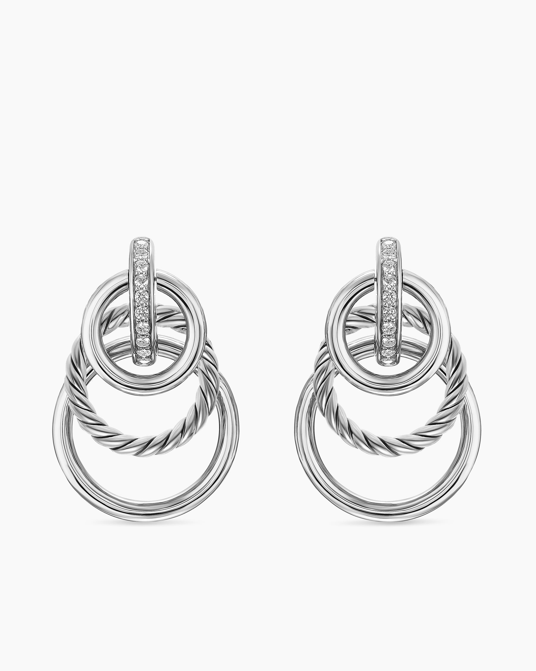 DY Mercer Triple Ring Drop Earrings in Sterling Silver with Diamonds, 35.6mm