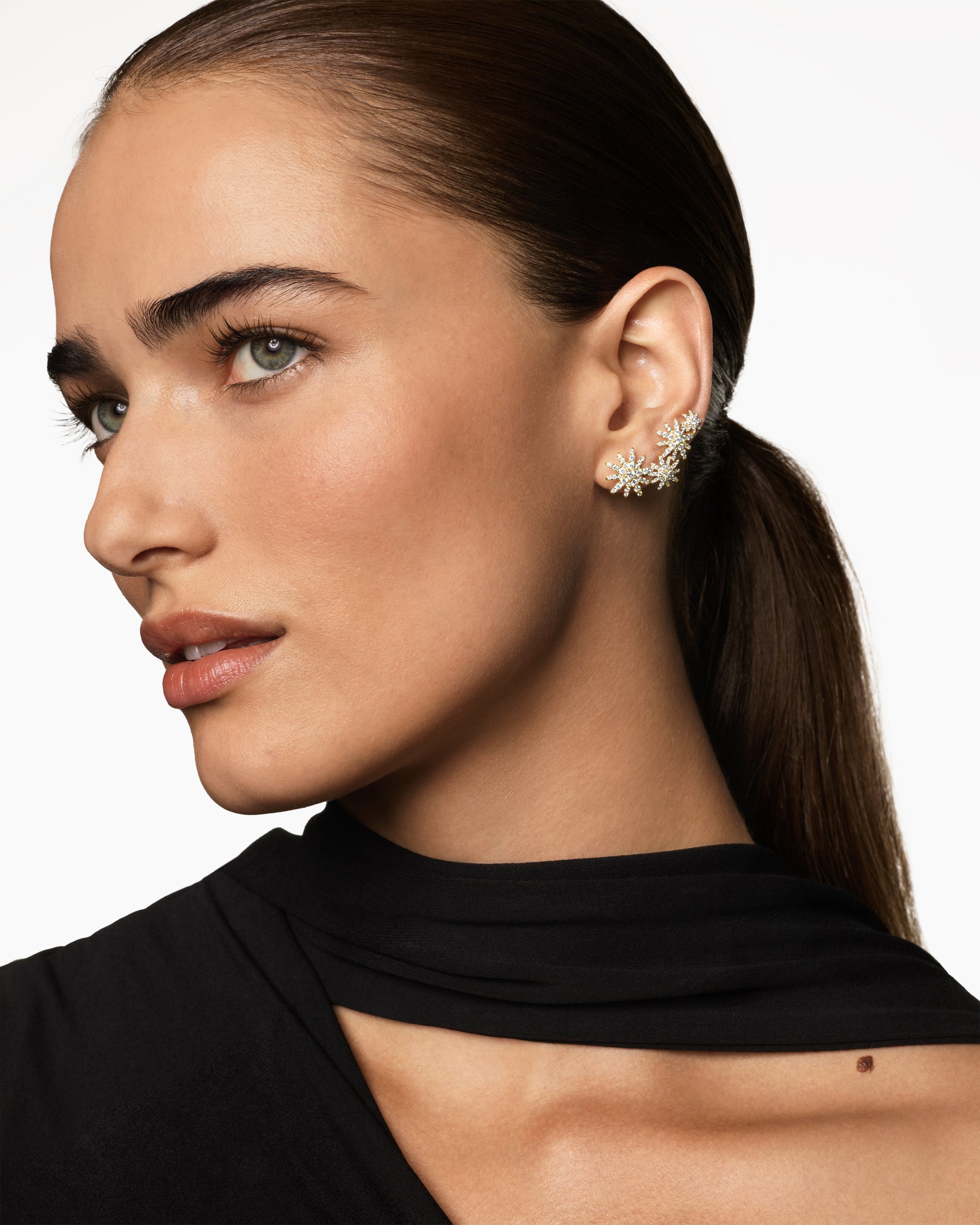 Alternative view of Starburst Full Pavé Climber Earrings in 18K Yellow Gold with Diamonds, 26.9mm
