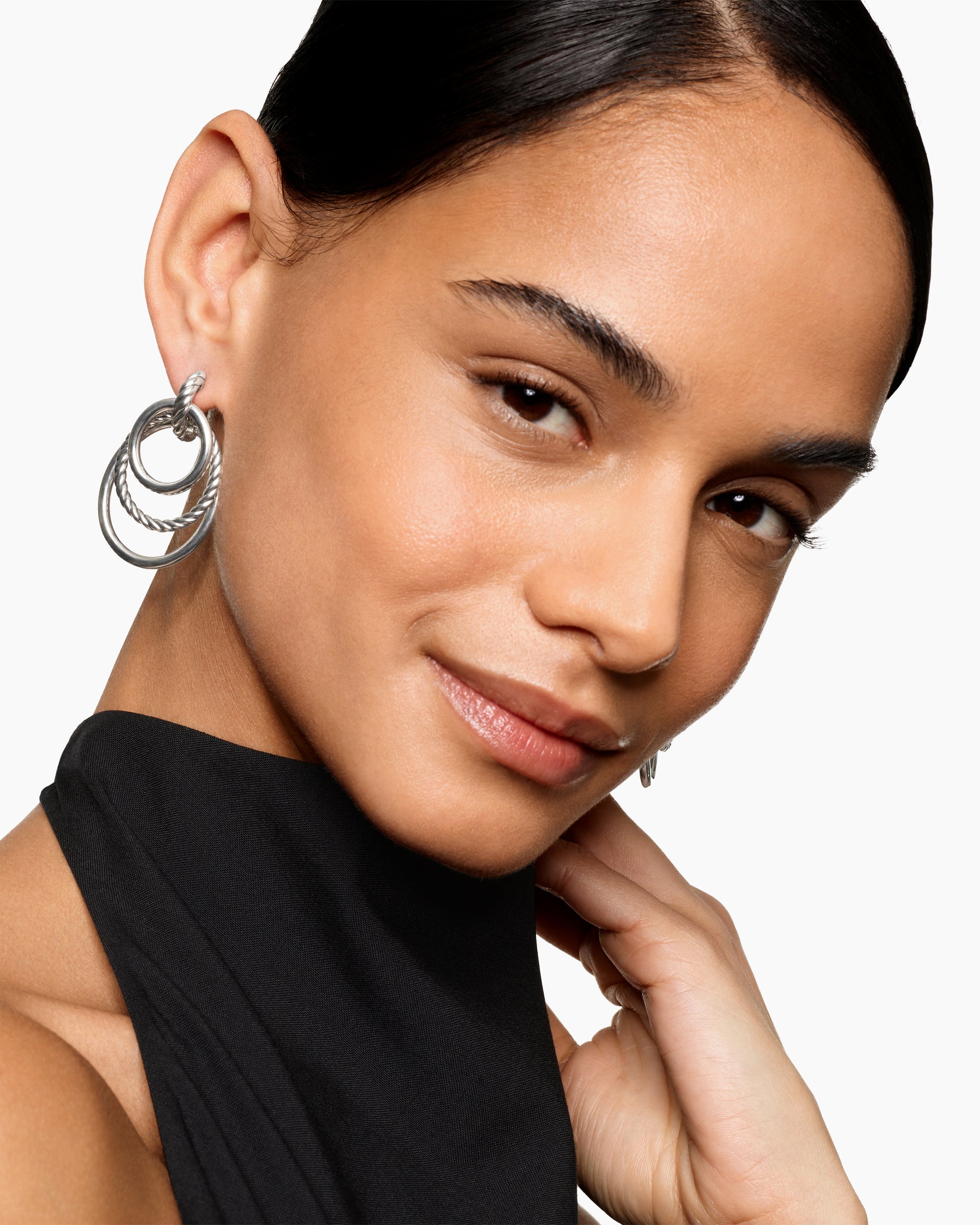 Alternative view of DY Mercer Bold Triple Ring Drop Earrings in Sterling Silver, 48mm