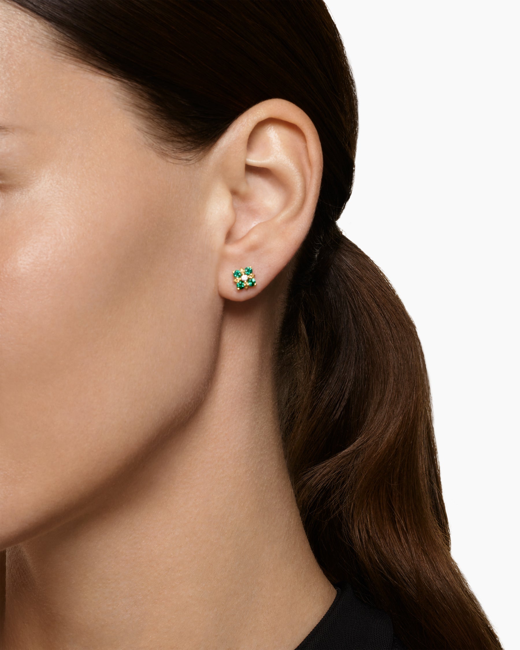 Alternative view of Petite Modern Renaissance Color Stud Earrings in 18K Yellow Gold with Emeralds and Diamonds, 8.7mm