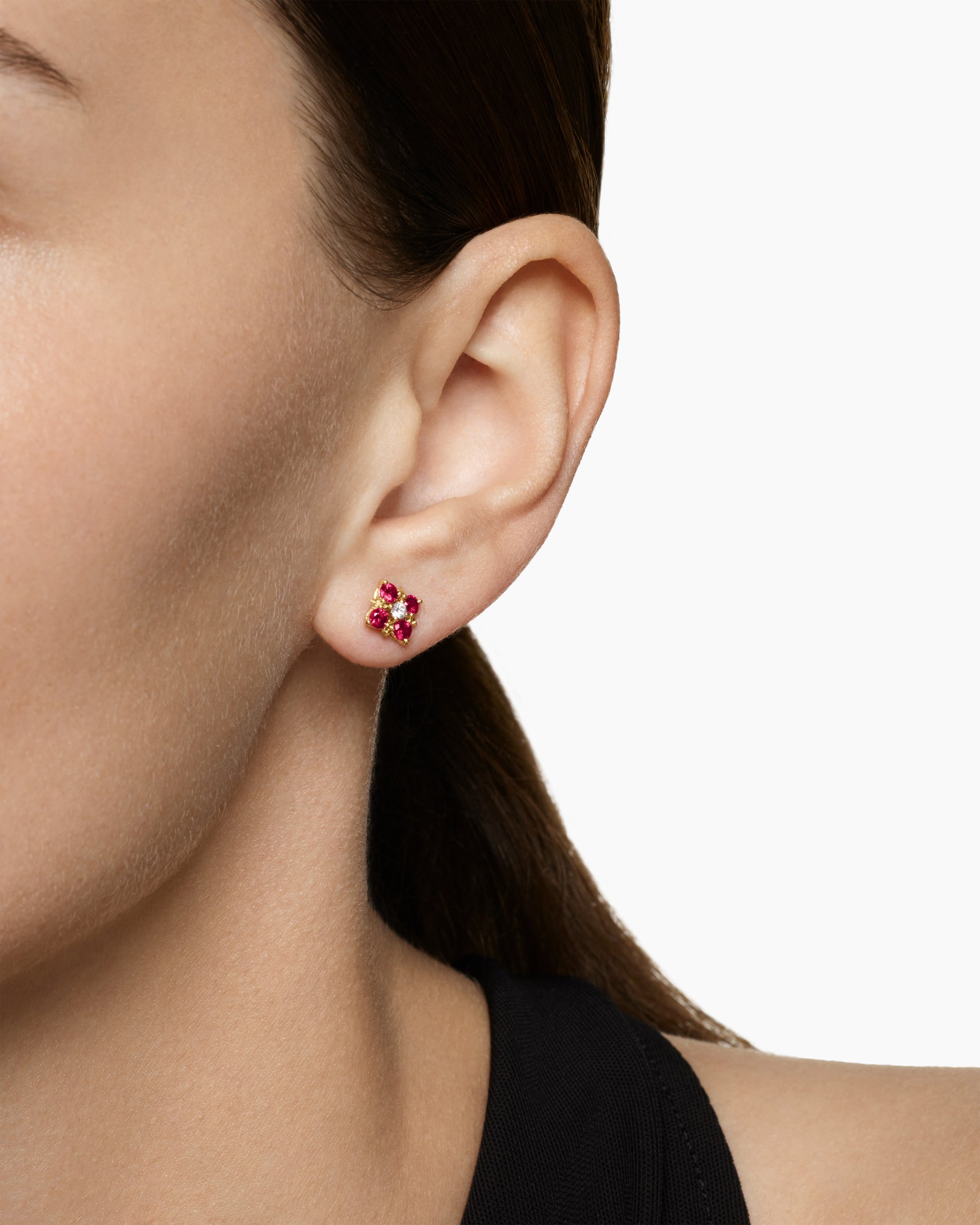 Alternative view of Petite Modern Renaissance Color Stud Earrings in 18K Yellow Gold with Rubies and Diamonds, 8.7mm