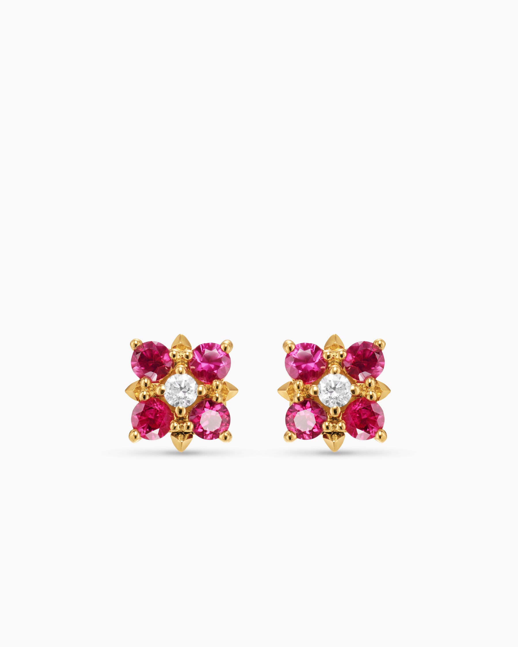 Petite Modern Renaissance Color Stud Earrings in 18K Yellow Gold with Rubies and Diamonds, 8.7mm