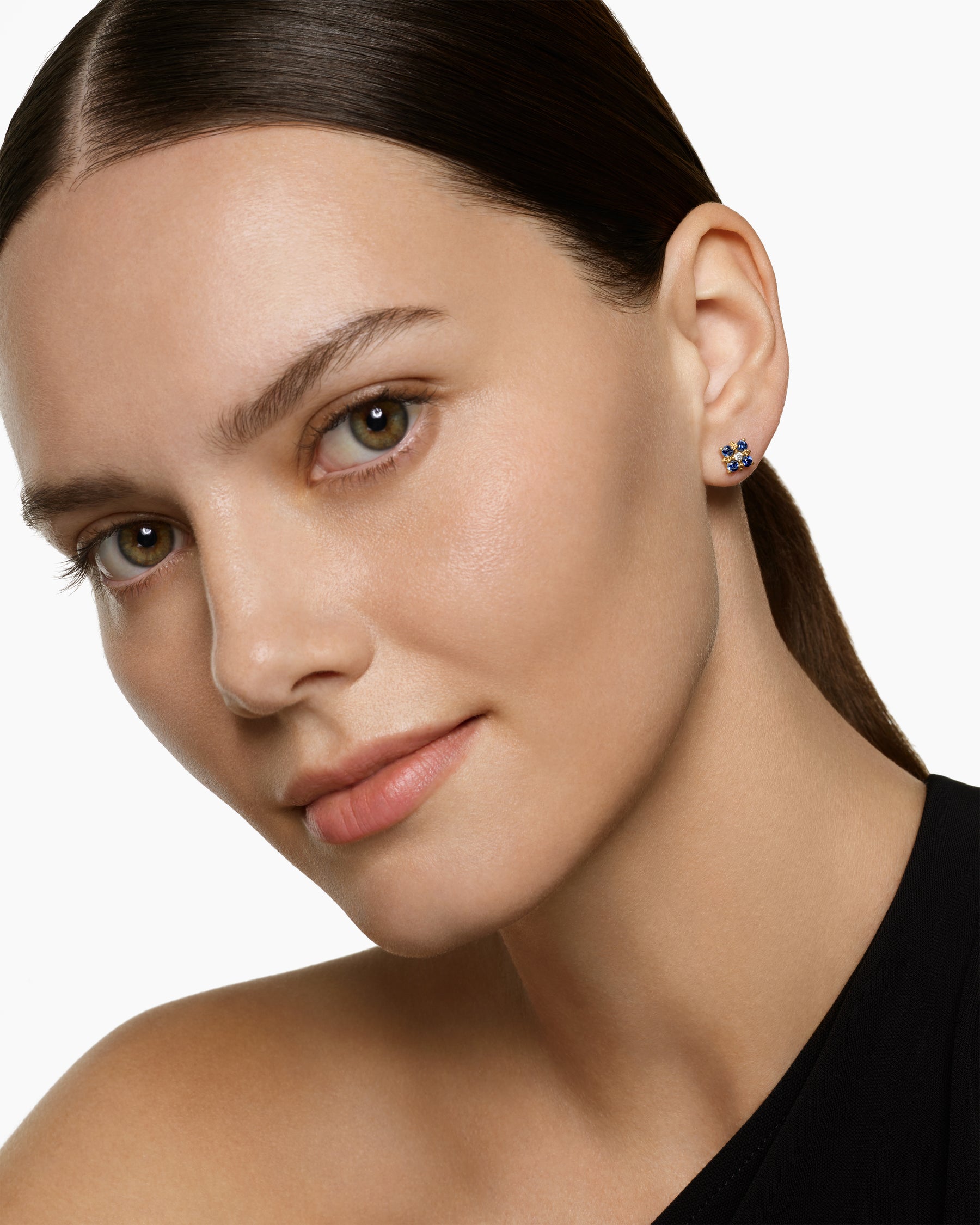 Alternative view of Petite Modern Renaissance Color Stud Earrings in 18K Yellow Gold with Sapphires and Diamonds, 8.7mm