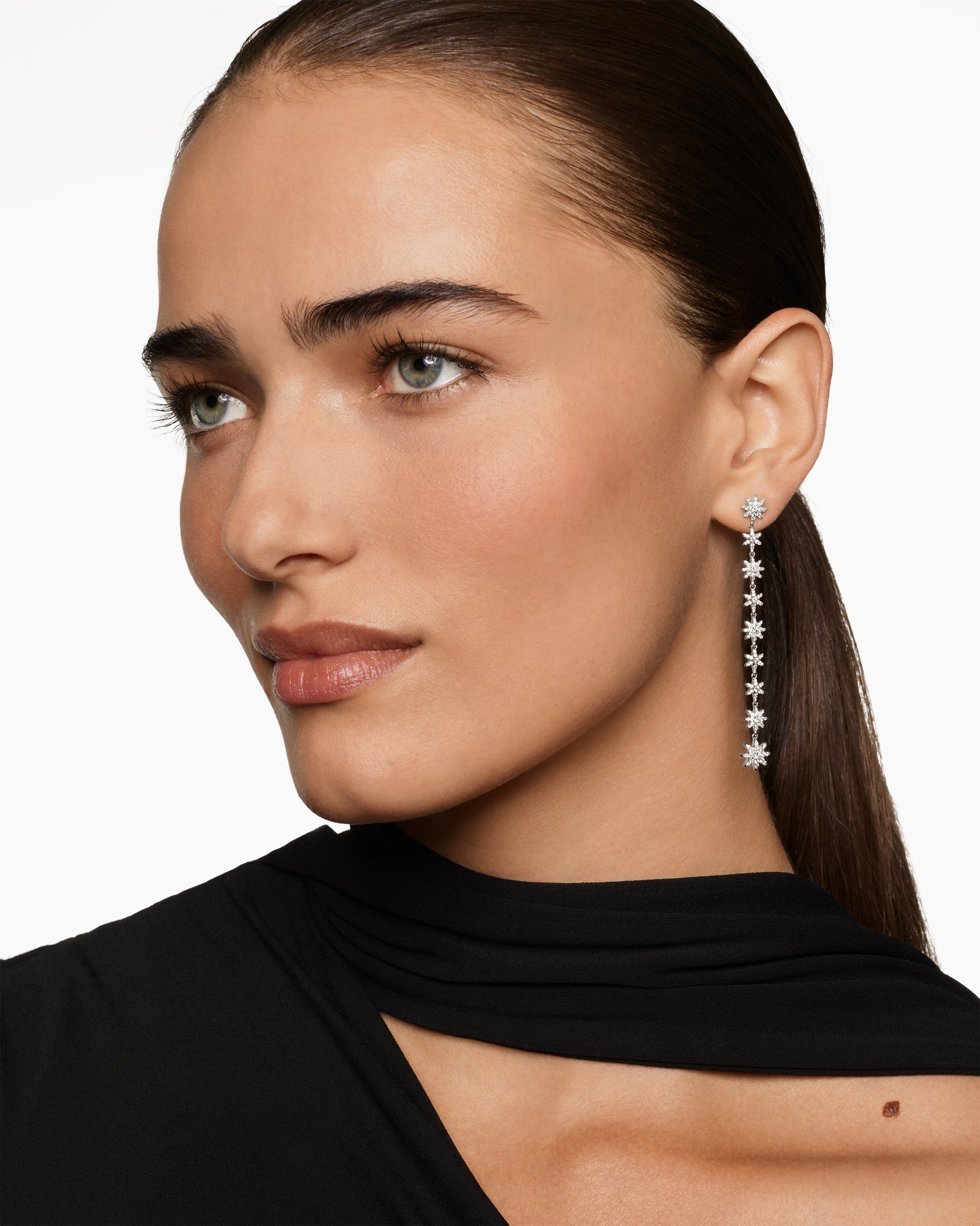Alternative view of Starburst Drop Earrings in 18K White Gold with Diamonds, 70.9mm