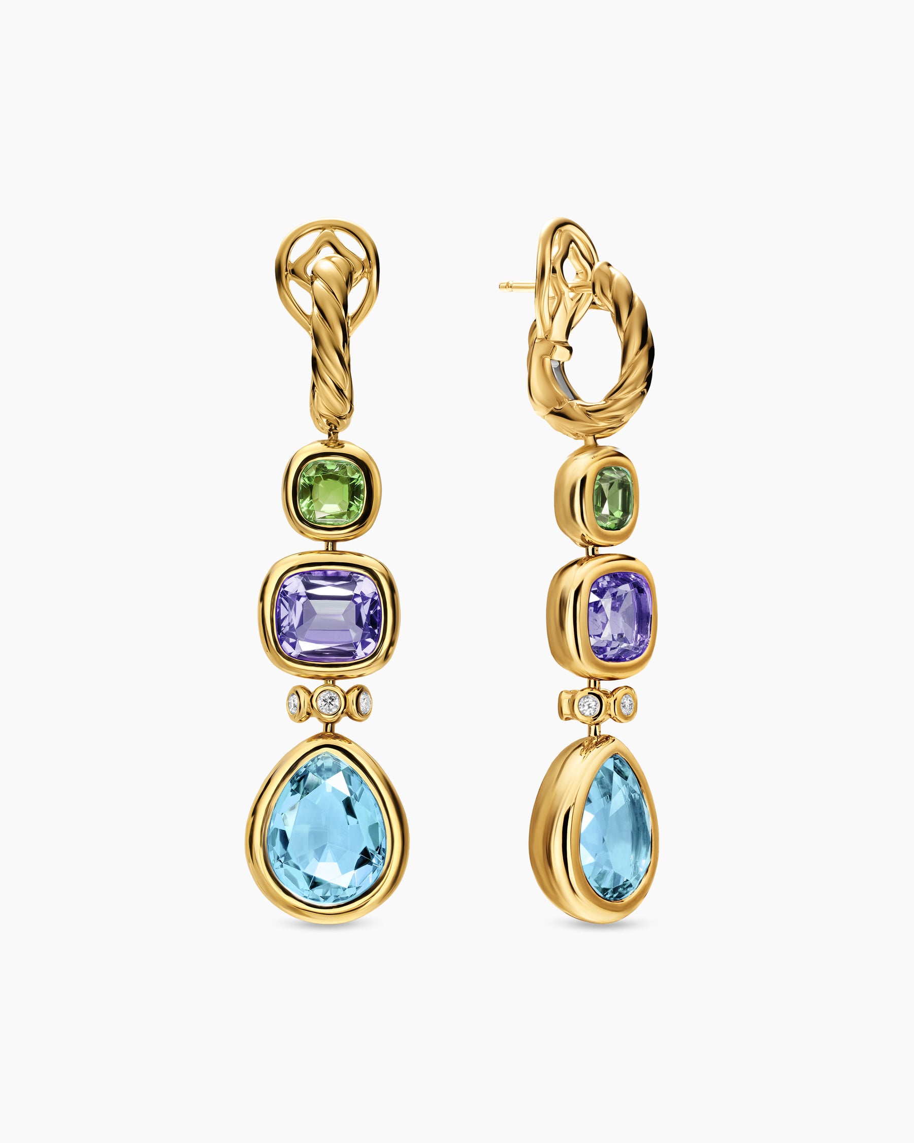 DY Mercer Statement Stone Drop Earrings in 18K Yellow Gold with Sky Blue Topaz, Iolite, Green Tourmalines and Diamonds, 52mm - Image 3