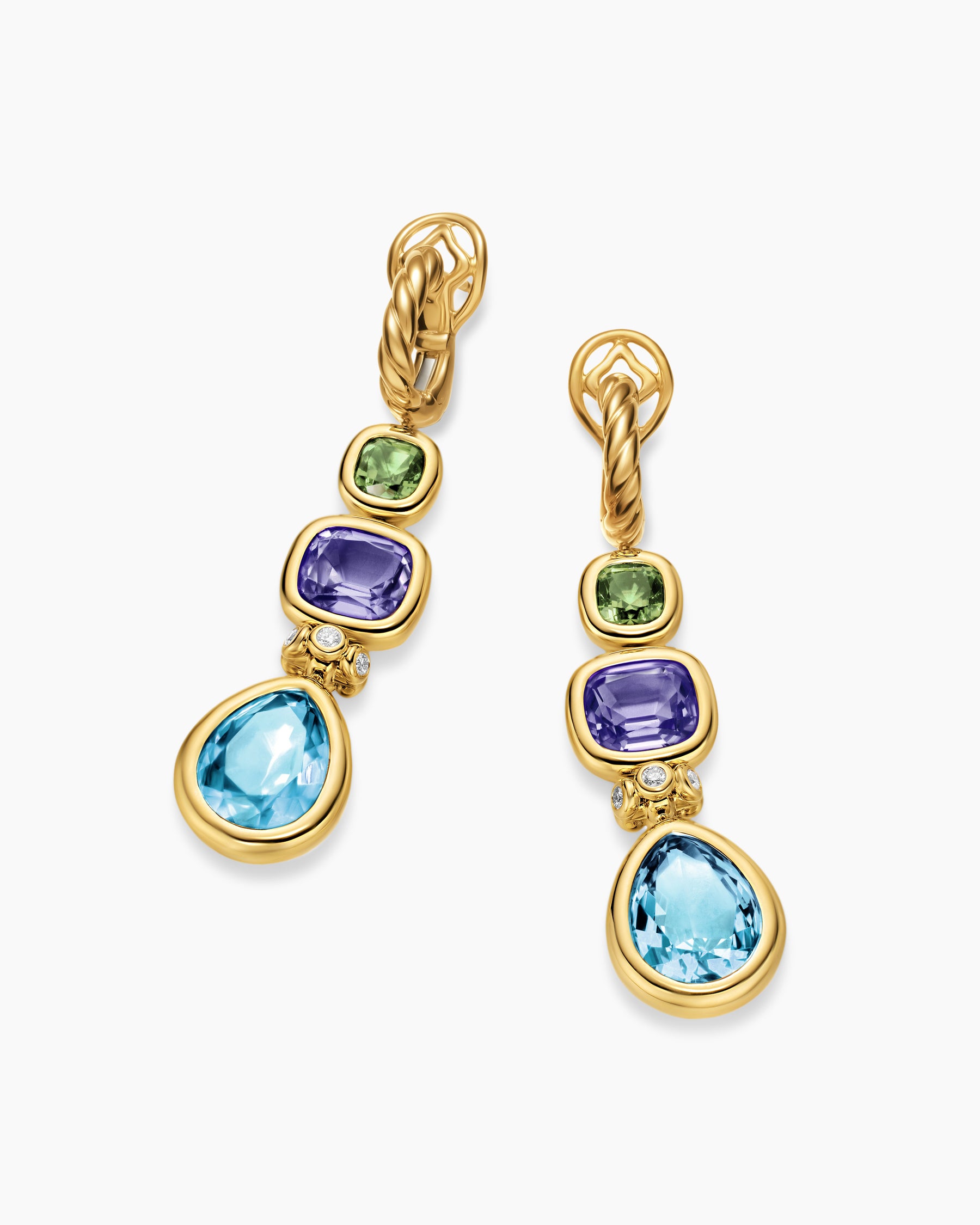 DY Mercer Statement Stone Drop Earrings in 18K Yellow Gold with Sky Blue Topaz, Iolite, Green Tourmalines and Diamonds, 52mm - Image 5