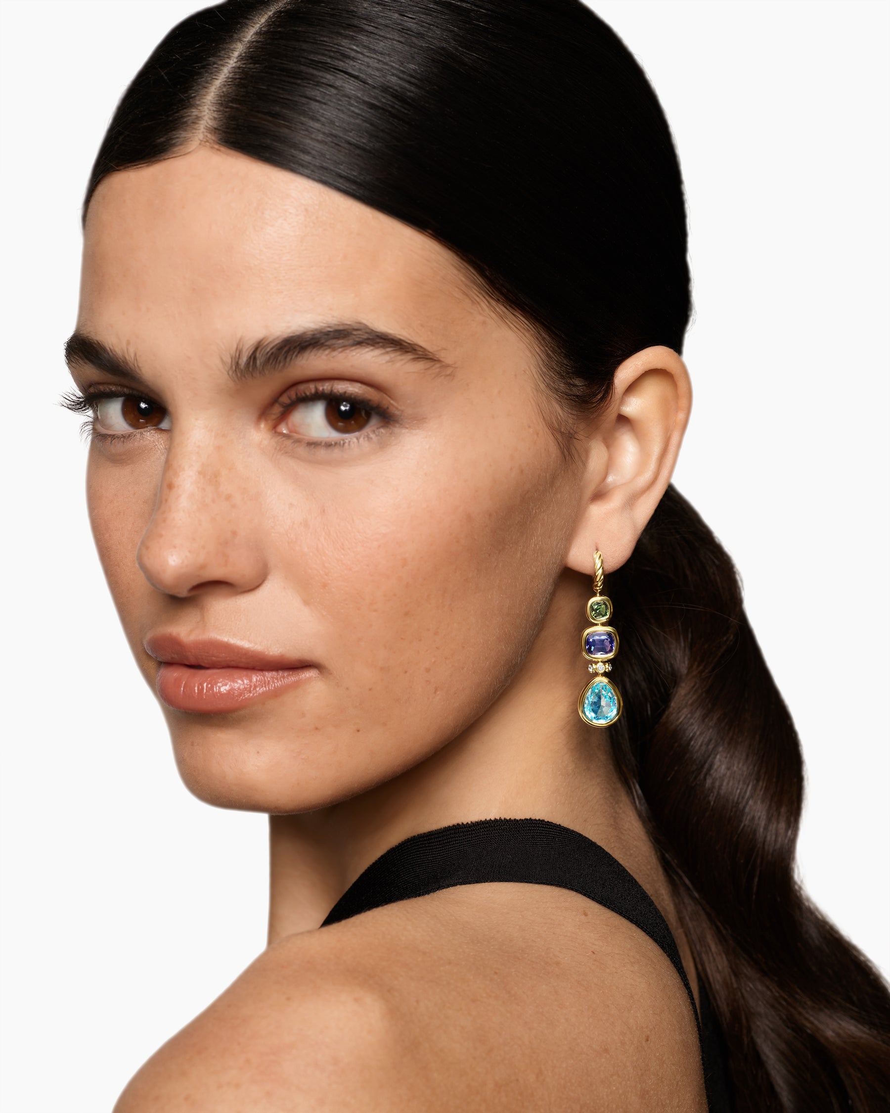 Alternative view of DY Mercer Statement Stone Drop Earrings in 18K Yellow Gold with Sky Blue Topaz, Iolite, Green Tourmalines and Diamonds, 52mm