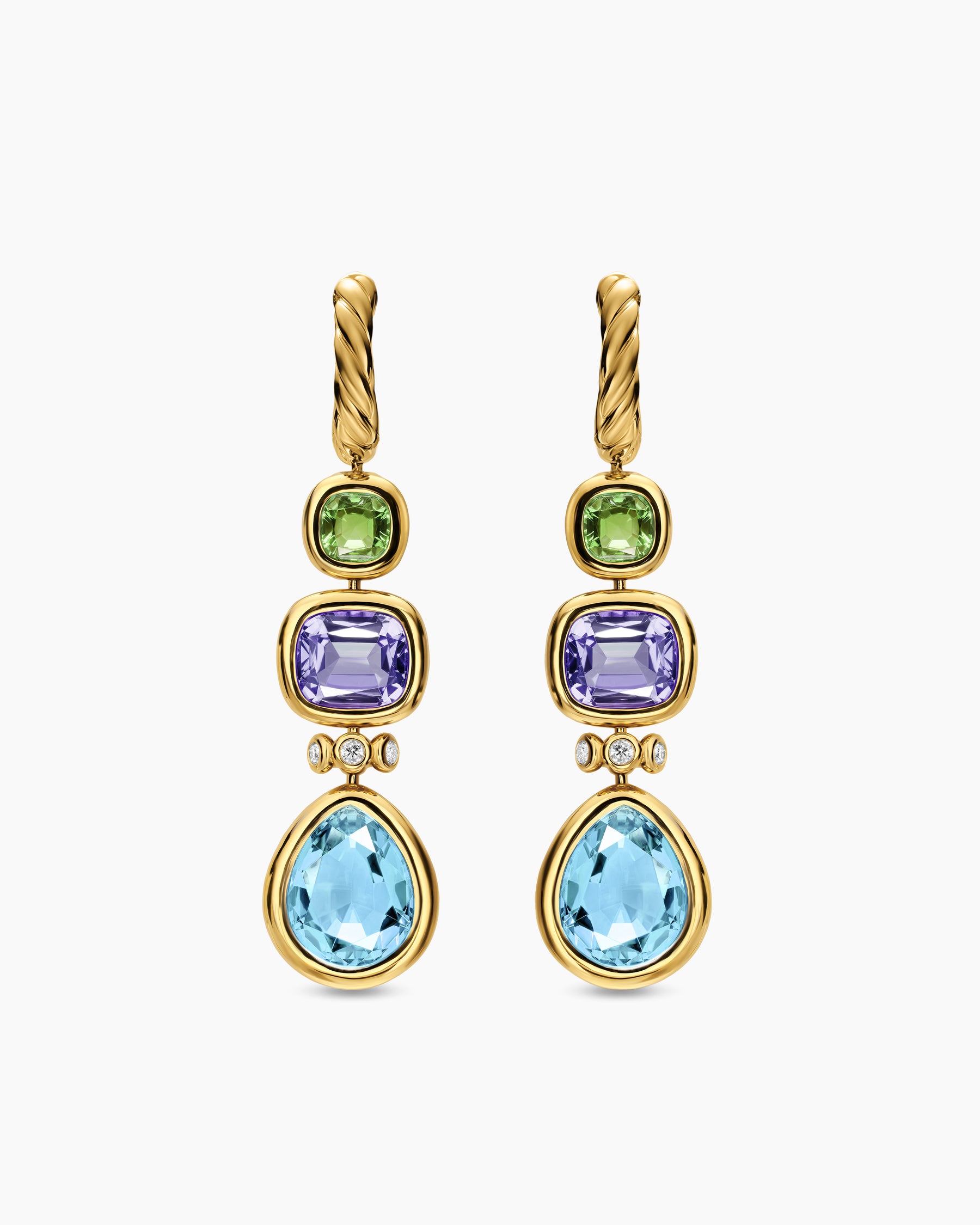 DY Mercer Statement Stone Drop Earrings in 18K Yellow Gold with Sky Blue Topaz, Iolite, Green Tourmalines and Diamonds, 52mm
