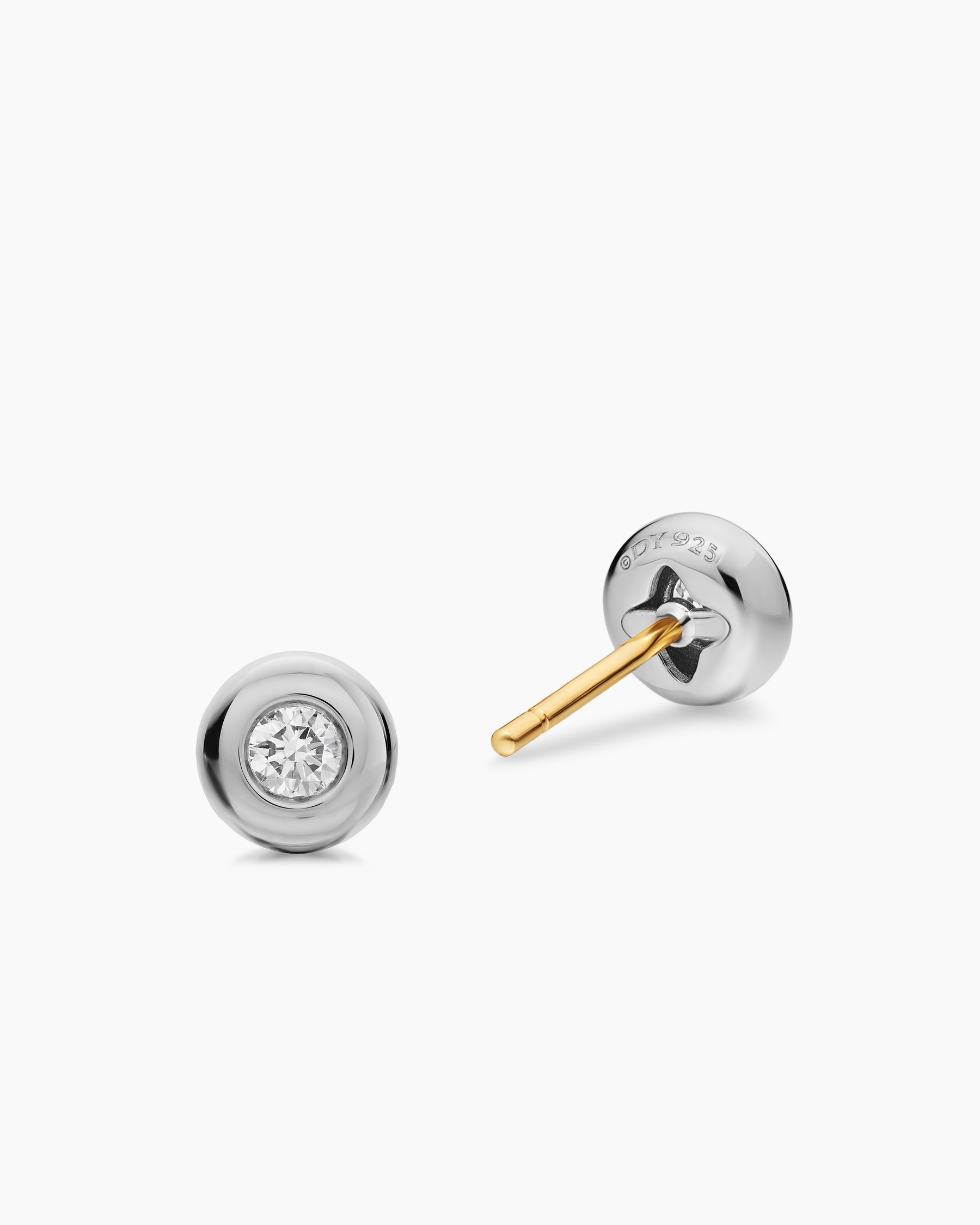 Bezel Set Stud Earrings in Sterling Silver with Diamonds, 6.4mm - Image 3