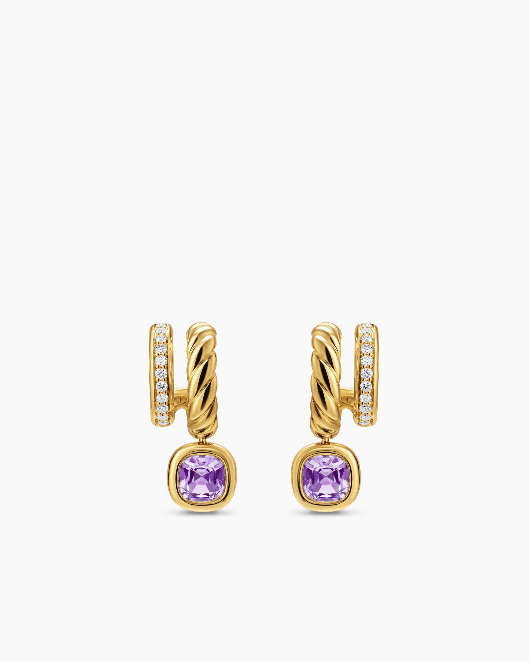 DY Mercer Color Two Row Drop Earrings in 18K Yellow Gold with Amethyst and Diamonds, 19.5mm