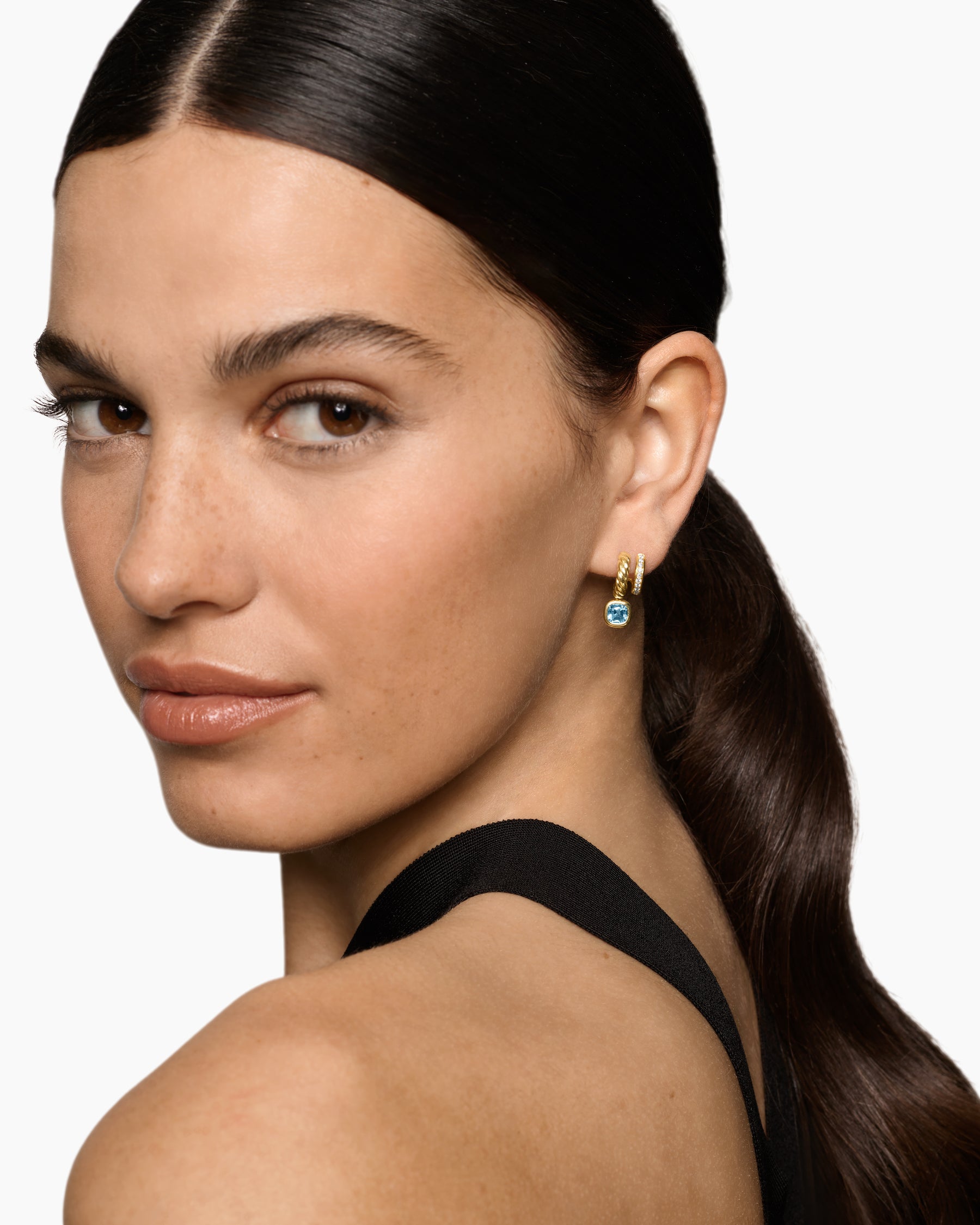 Alternative view of DY Mercer Color Two Row Drop Earrings in 18K Yellow Gold with Sky Blue Topaz and Diamonds, 19.5mm