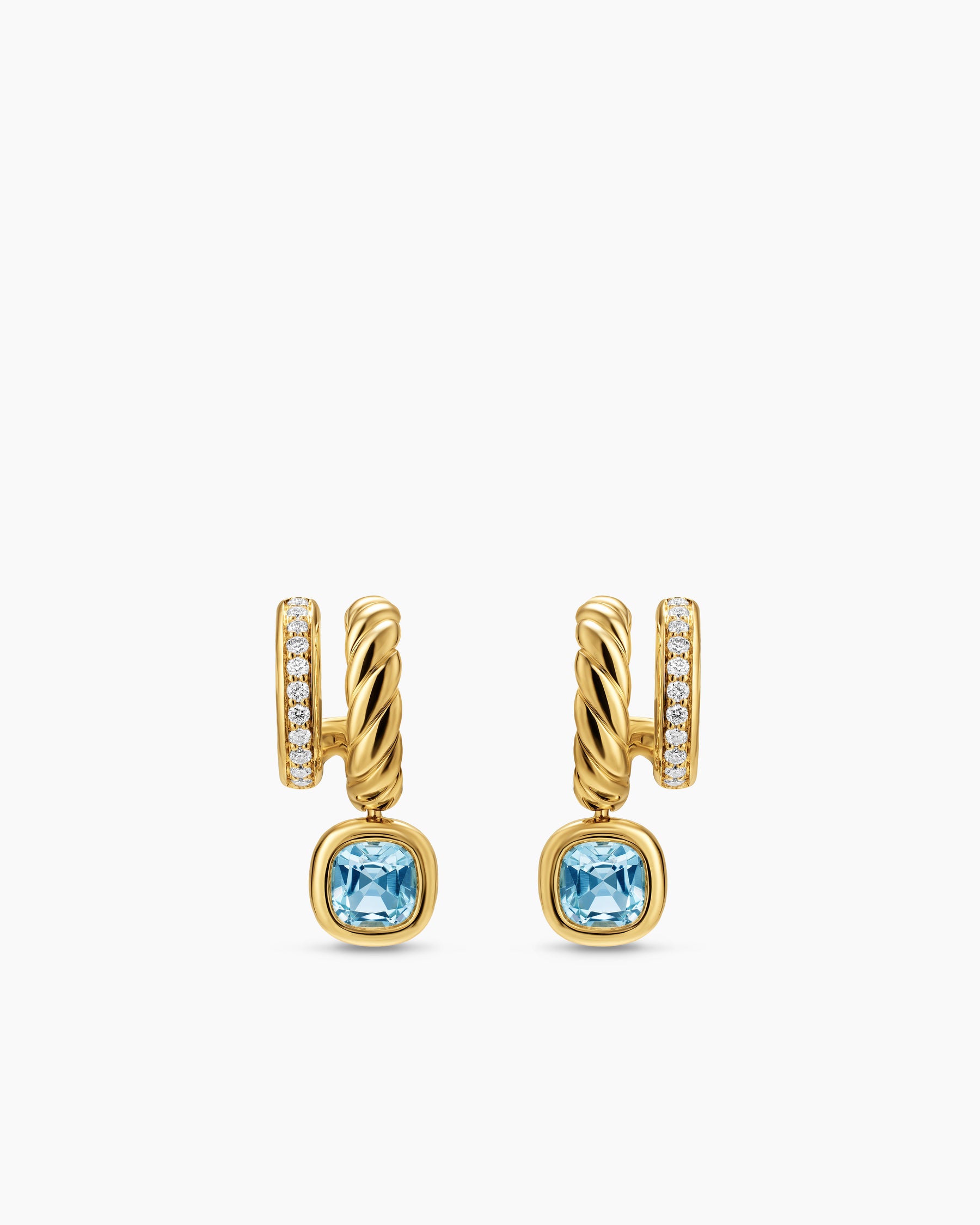 DY Mercer Color Two Row Drop Earrings in 18K Yellow Gold with Sky Blue Topaz and Diamonds, 19.5mm
