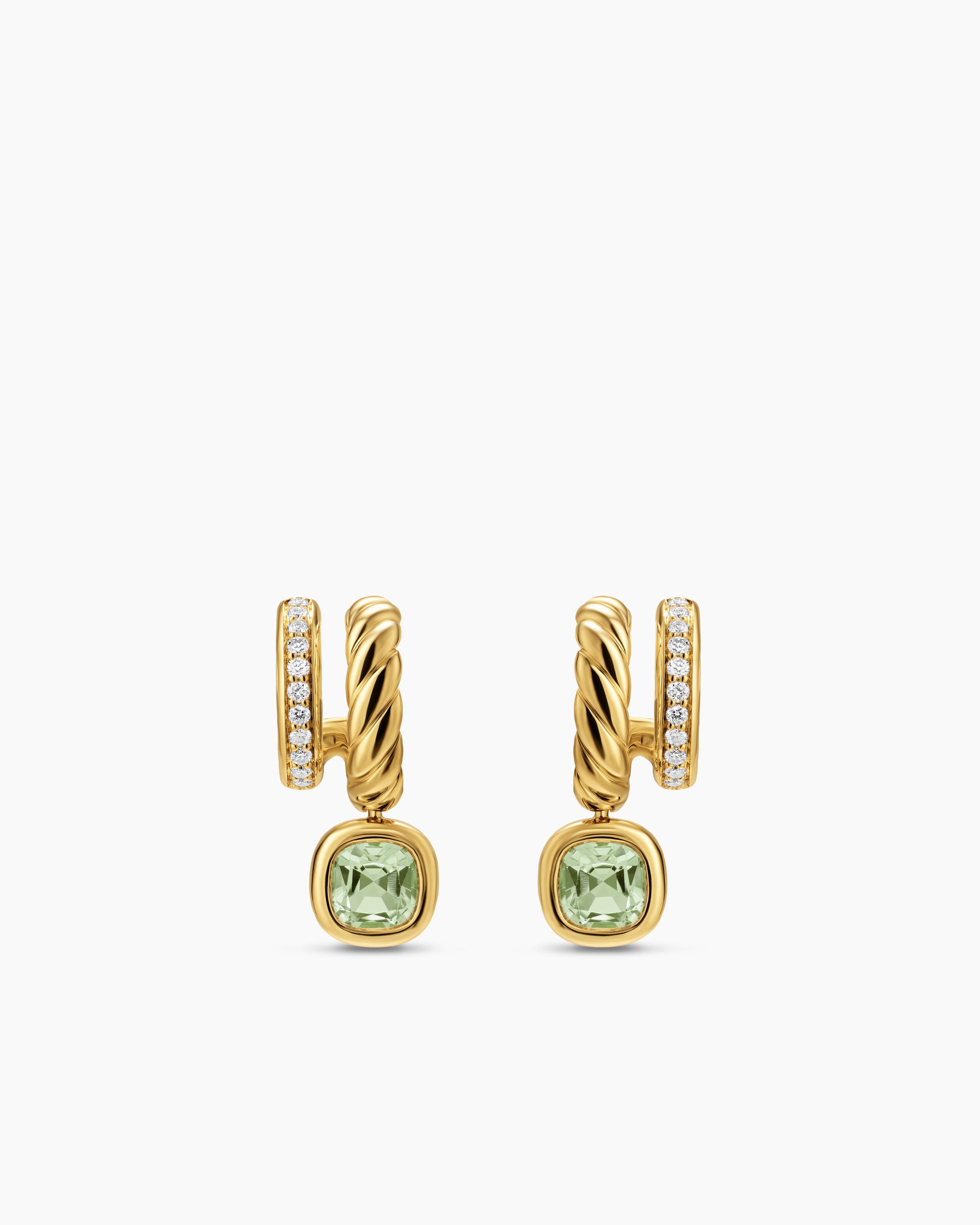 DY Mercer Color Two Row Drop Earrings in 18K Yellow Gold with Prasiolite and Diamonds, 19.5mm