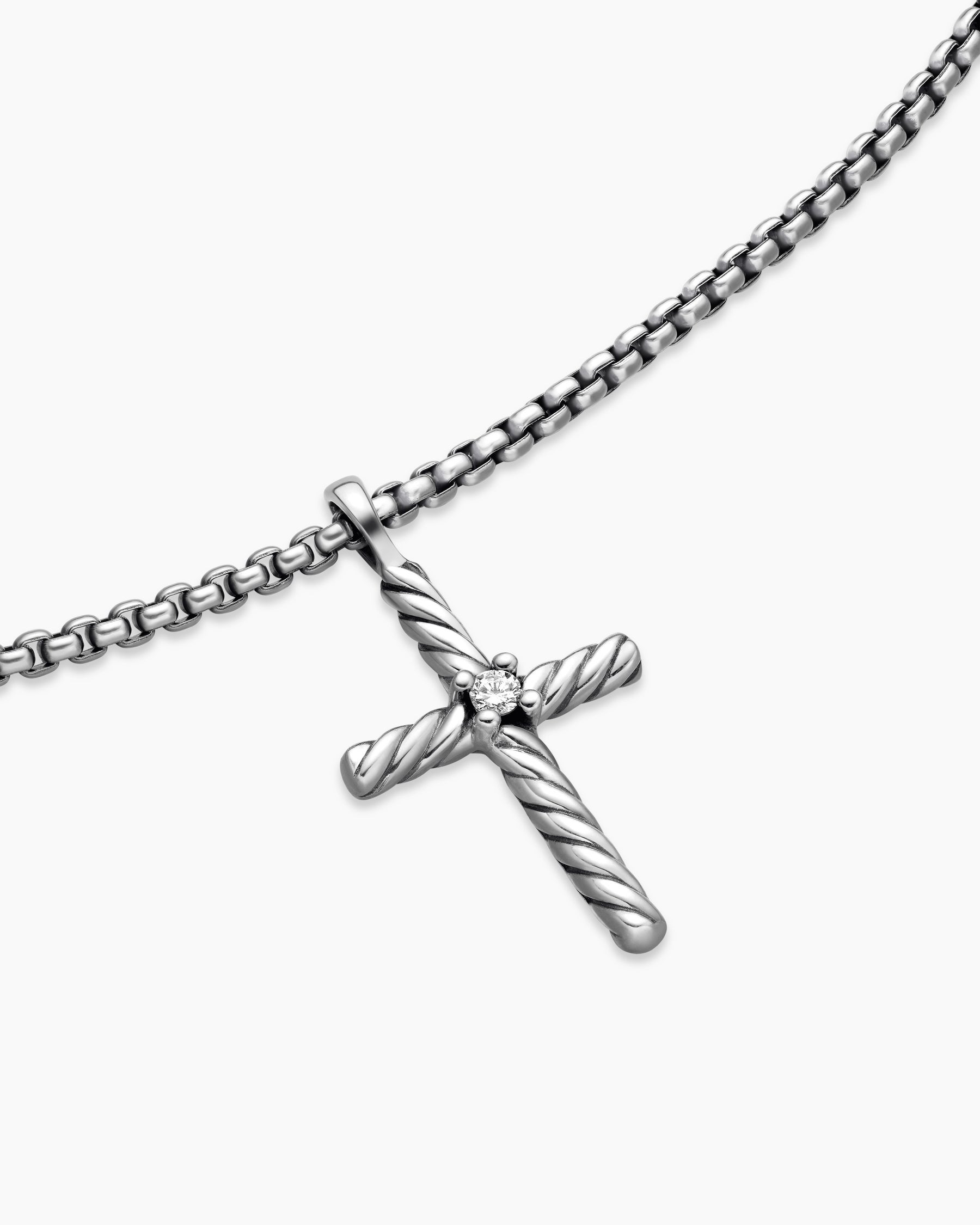 Classic Cable Cross Necklace in Sterling Silver with Center Diamond, 24.3mm - Image 5
