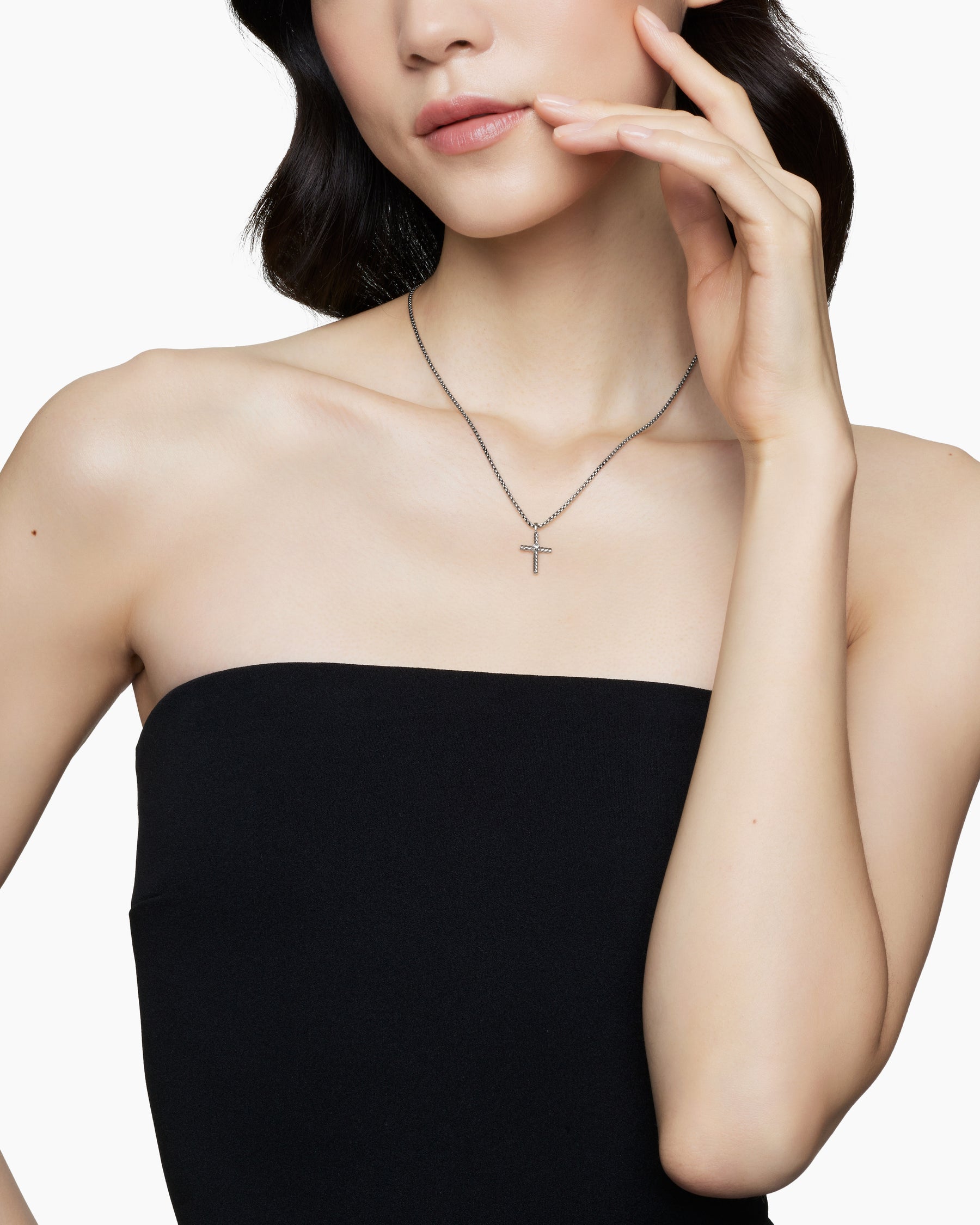 Alternative view of Classic Cable Cross Necklace in Sterling Silver with Center Diamond, 24.3mm