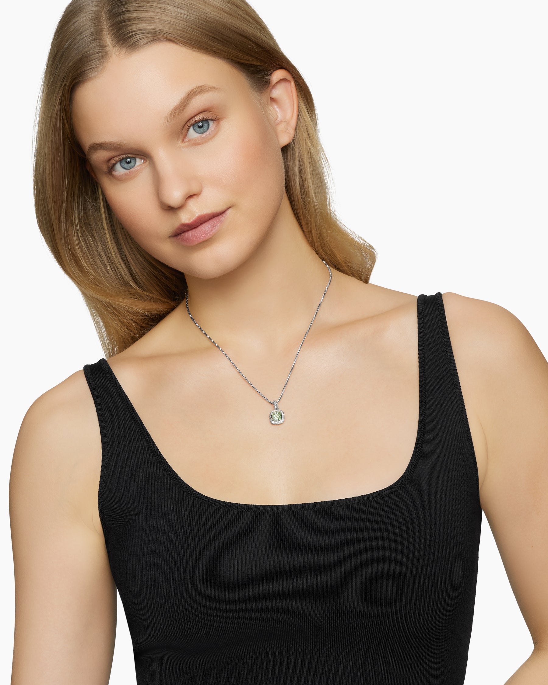 Alternative view of Petite Albion Pendant Necklace in Sterling Silver with Prasiolite and Diamonds, 7mm