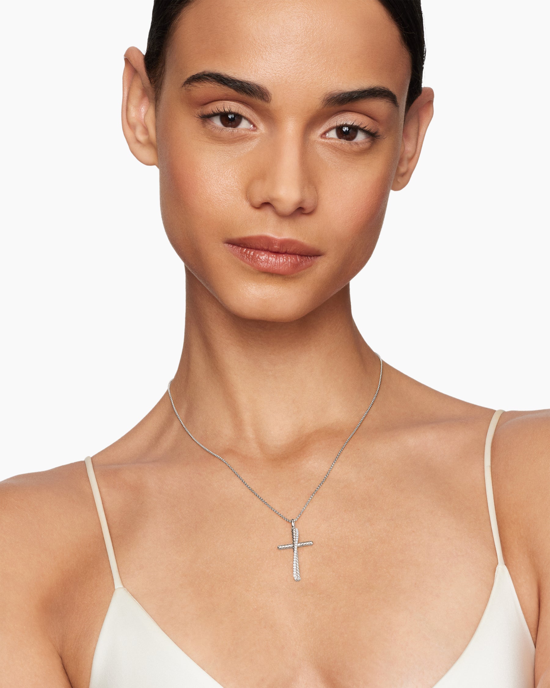 Alternative view of Crossover Cross Necklace in Sterling Silver with Diamonds, 35.6mm