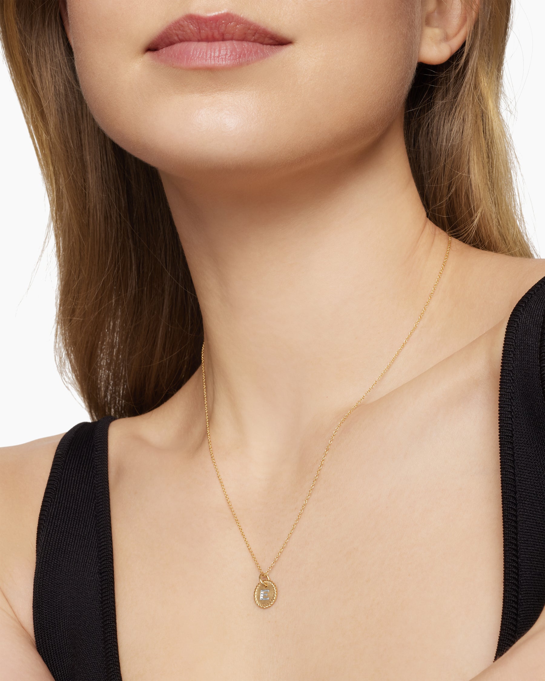 Alternative view of Initial Charm Necklace in 18K Yellow Gold with Diamond E