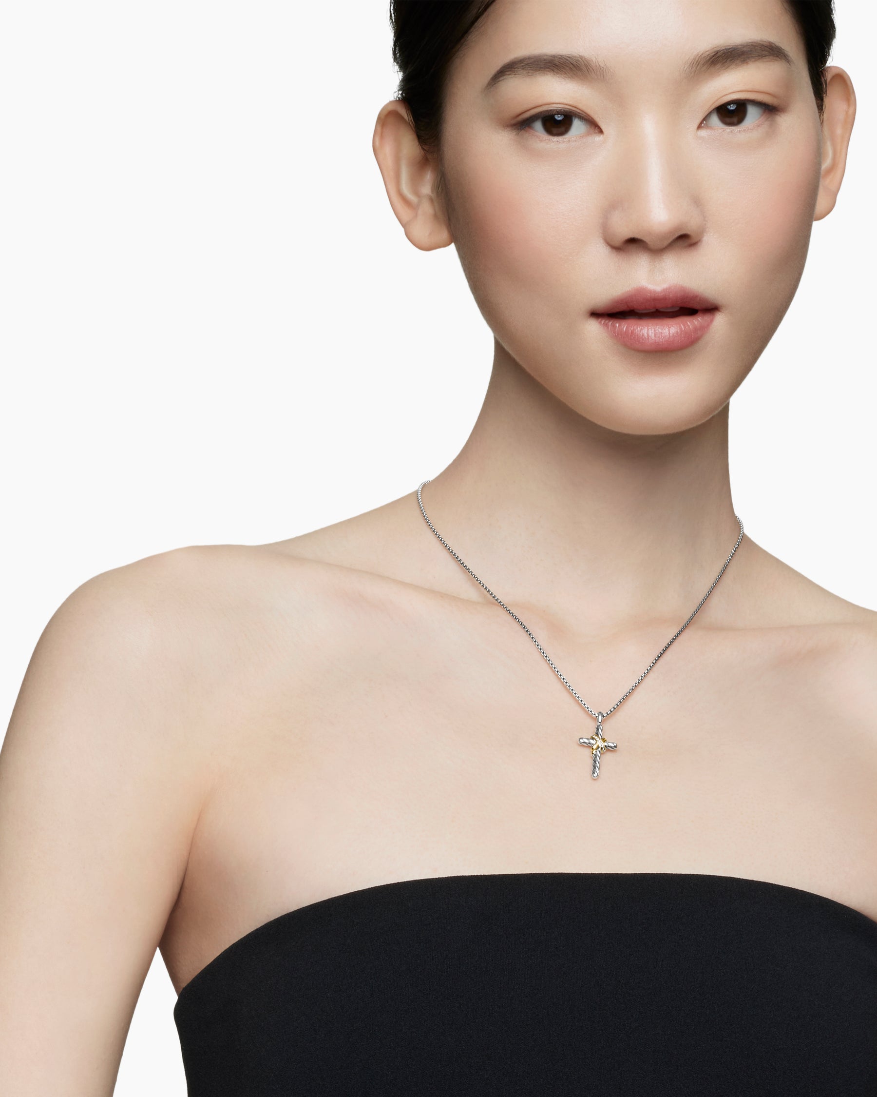 Alternative view of X Cross Necklace in Sterling Silver with 14K Yellow Gold and Diamonds, 31.7mm