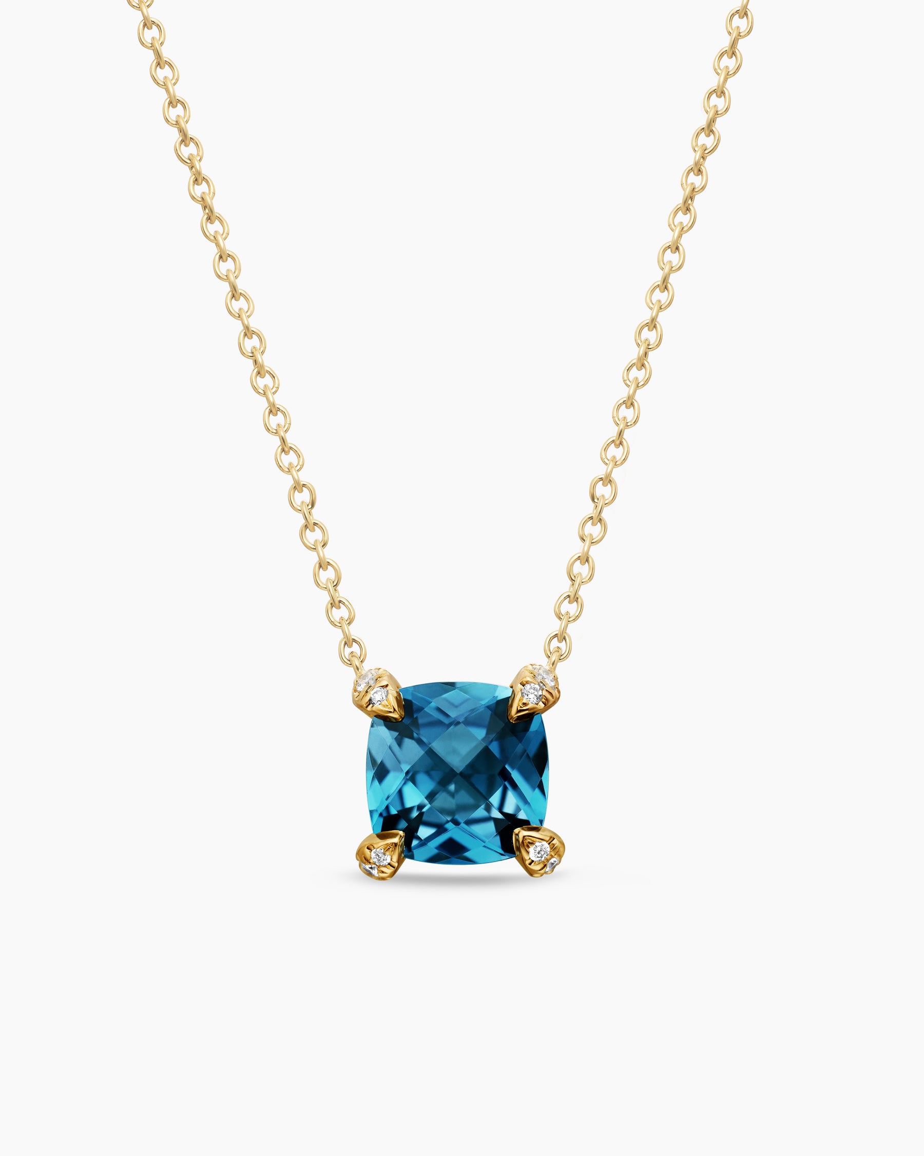 Petite Chatelaine Pendant Necklace in 18K Yellow Gold with Hampton Blue Topaz and Diamonds, 7mm