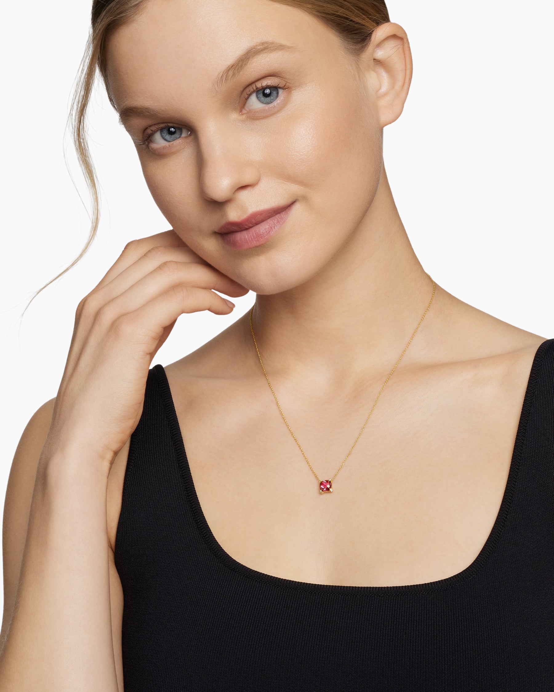 Alternative view of Petite Chatelaine Pendant Necklace in 18K Yellow Gold with Pink Tourmaline and Diamonds, 7mm