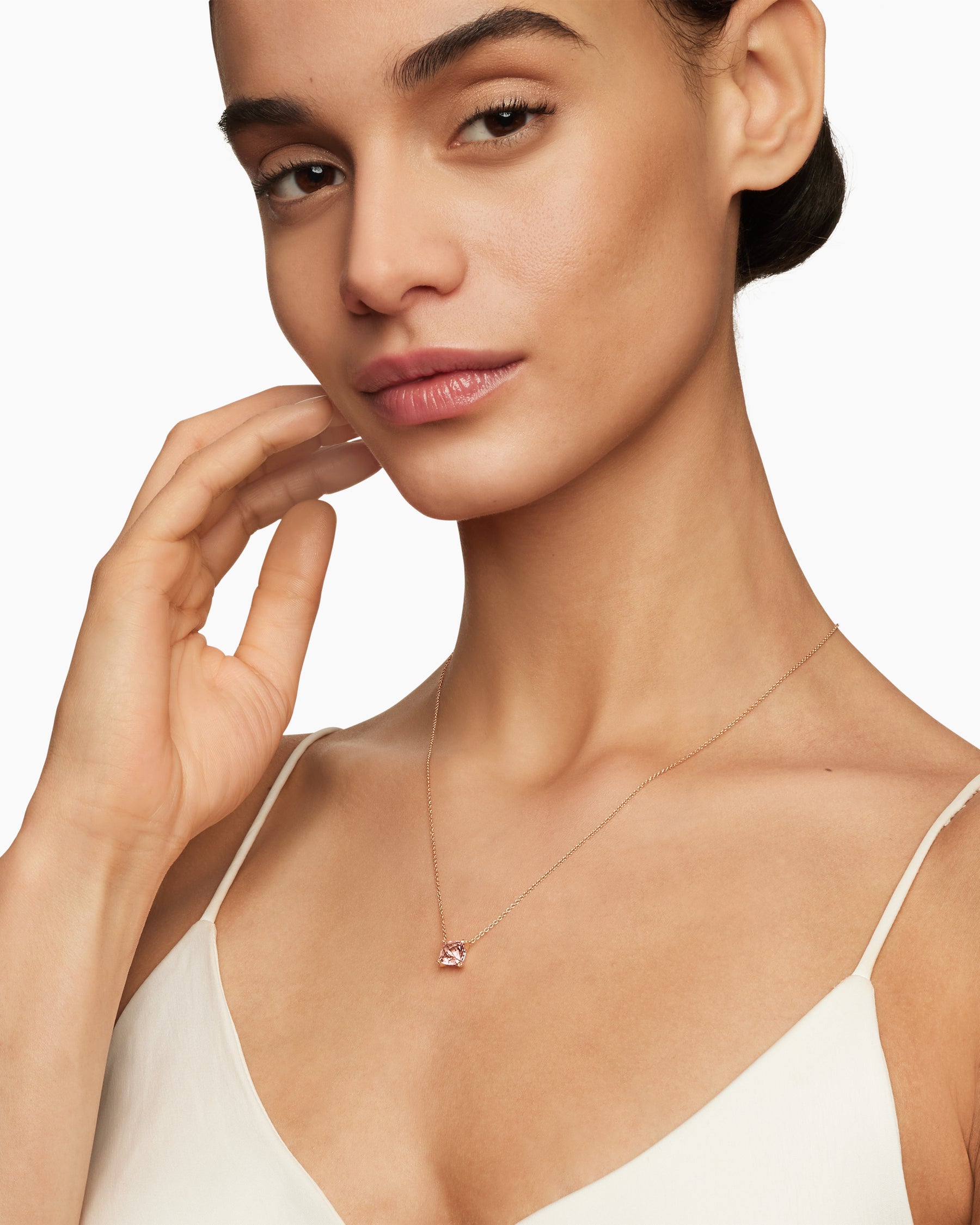 Alternative view of Petite Chatelaine Pendant Necklace in 18K Rose Gold with Morganite and Diamonds, 7mm
