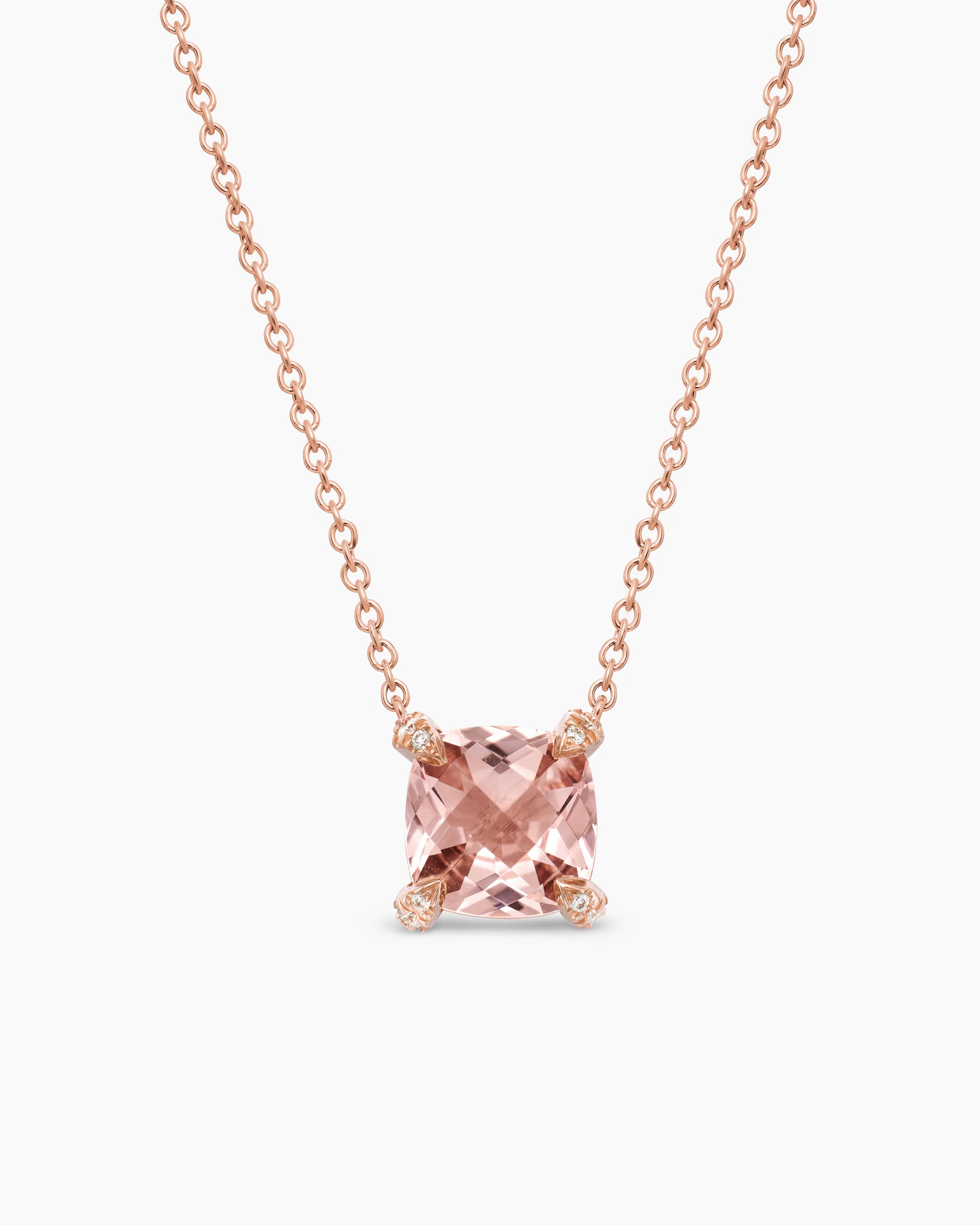 Petite Chatelaine Pendant Necklace in 18K Rose Gold with Morganite and Diamonds, 7mm
