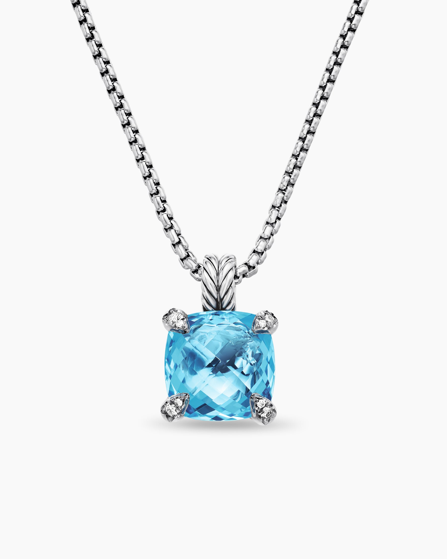 Chatelaine Pendant Necklace in Sterling Silver with Blue Topaz and Diamonds, 11mm