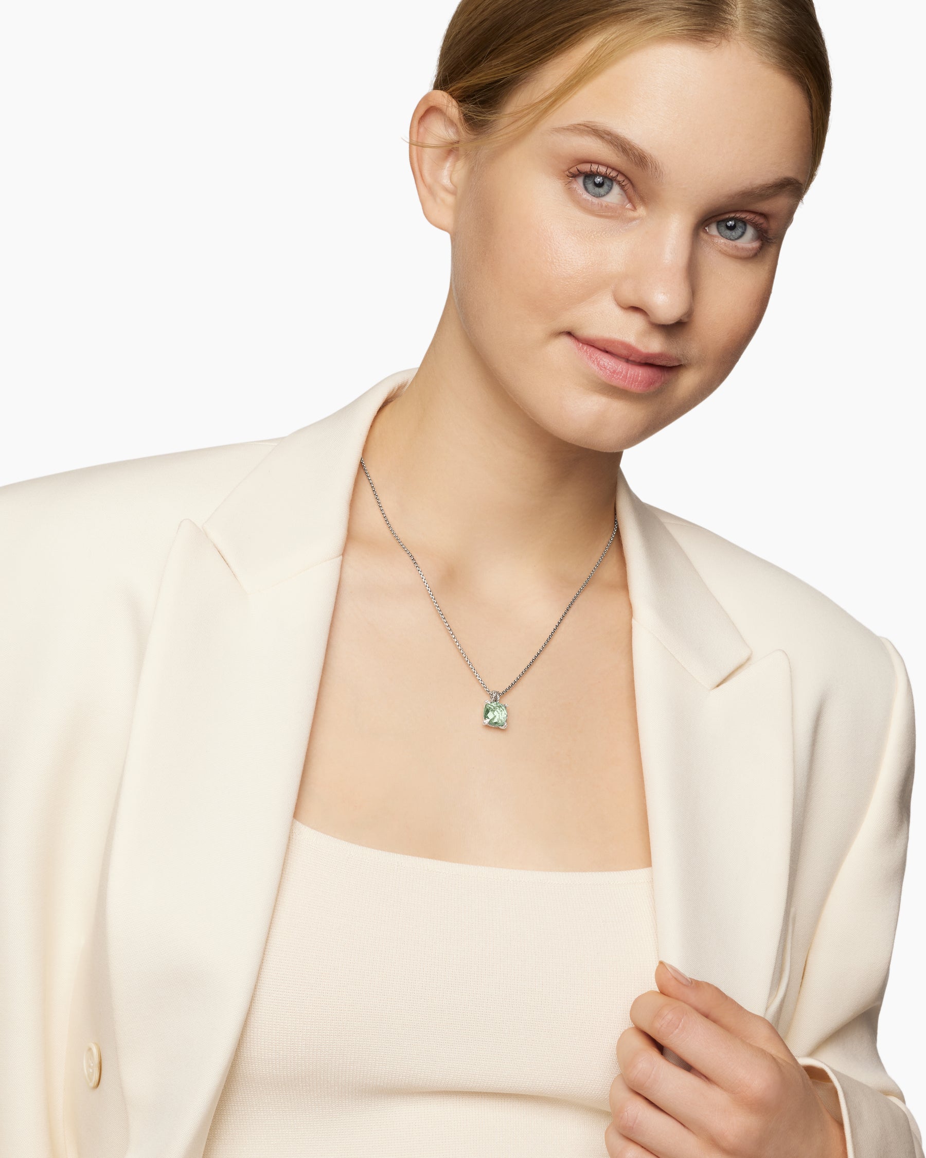 Alternative view of Chatelaine Pendant Necklace in Sterling Silver with Prasiolte and Diamonds, 11mm