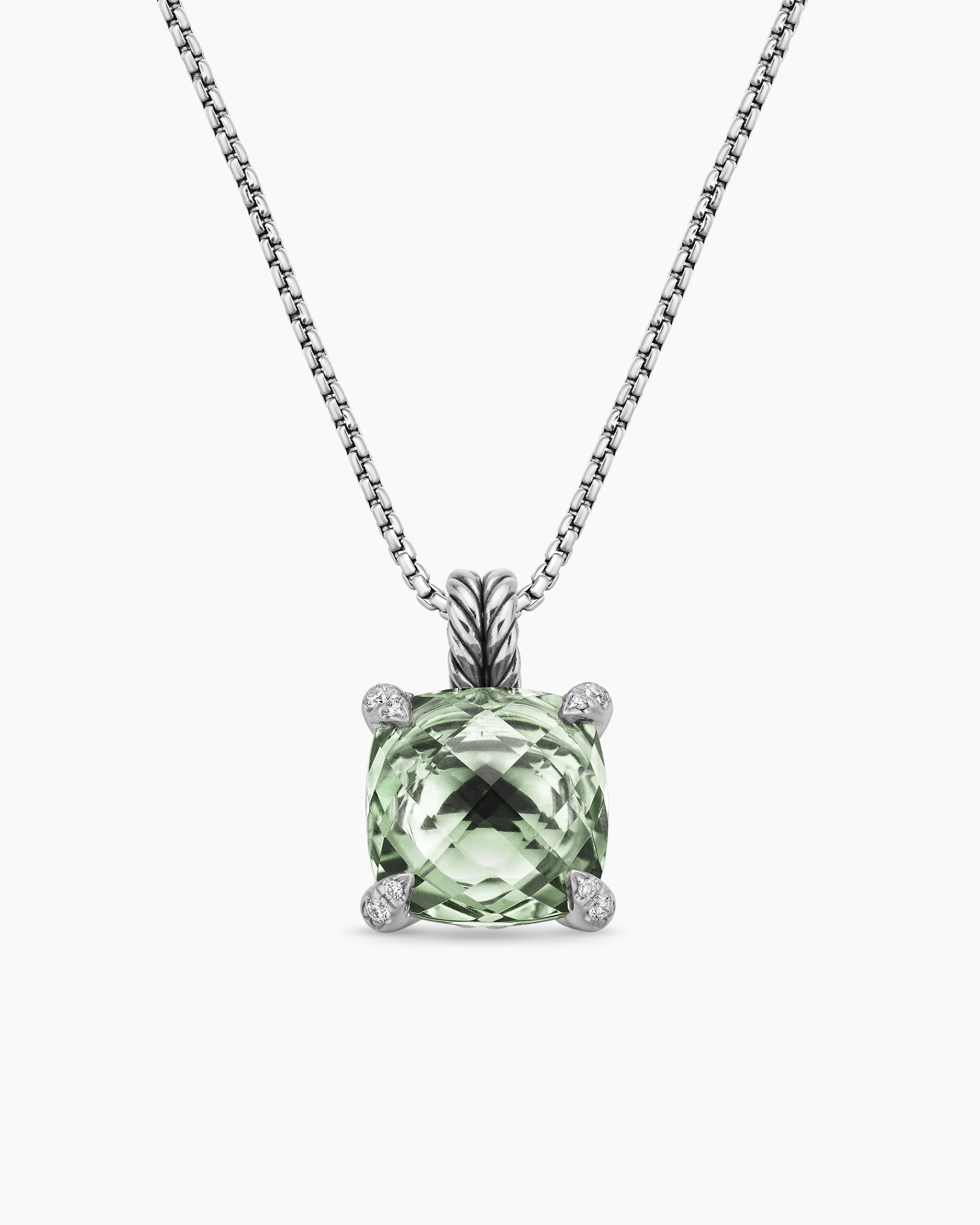 Chatelaine Pendant Necklace in Sterling Silver with Prasiolte and Diamonds, 11mm