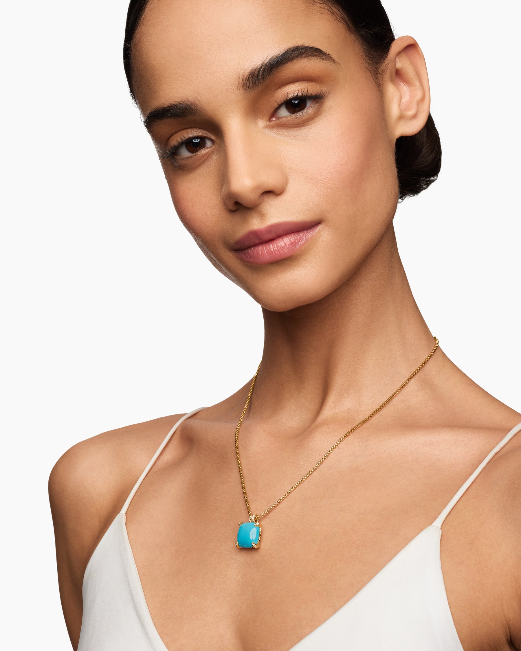 Alternative view of Chatelaine Pendant Necklace in 18K Yellow Gold with Turquoise and Diamonds, 14mm