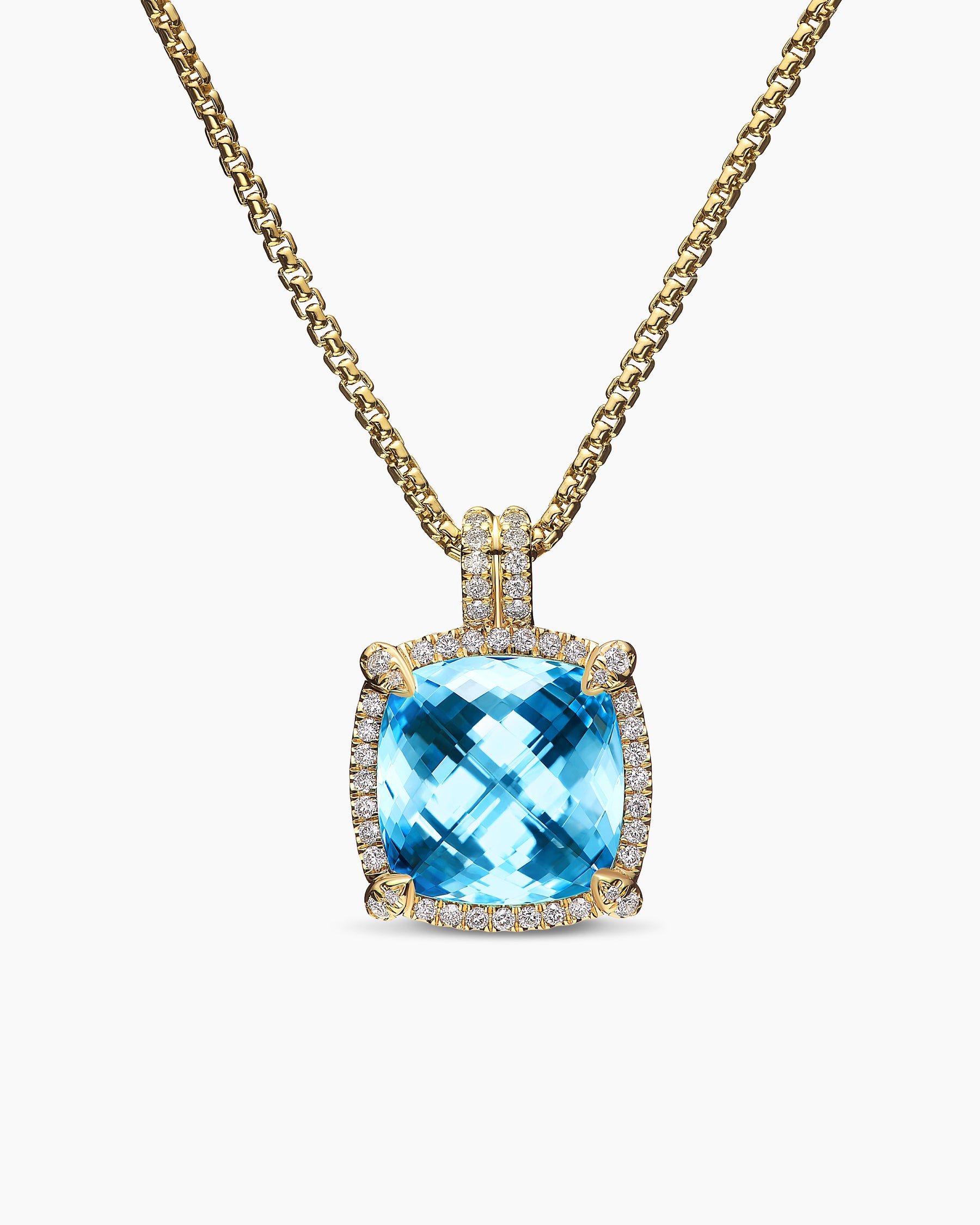 Chatelaine Pavé Bezel Pendant Necklace in 18K Yellow Gold with Blue Topaz and Diamonds, 14mm