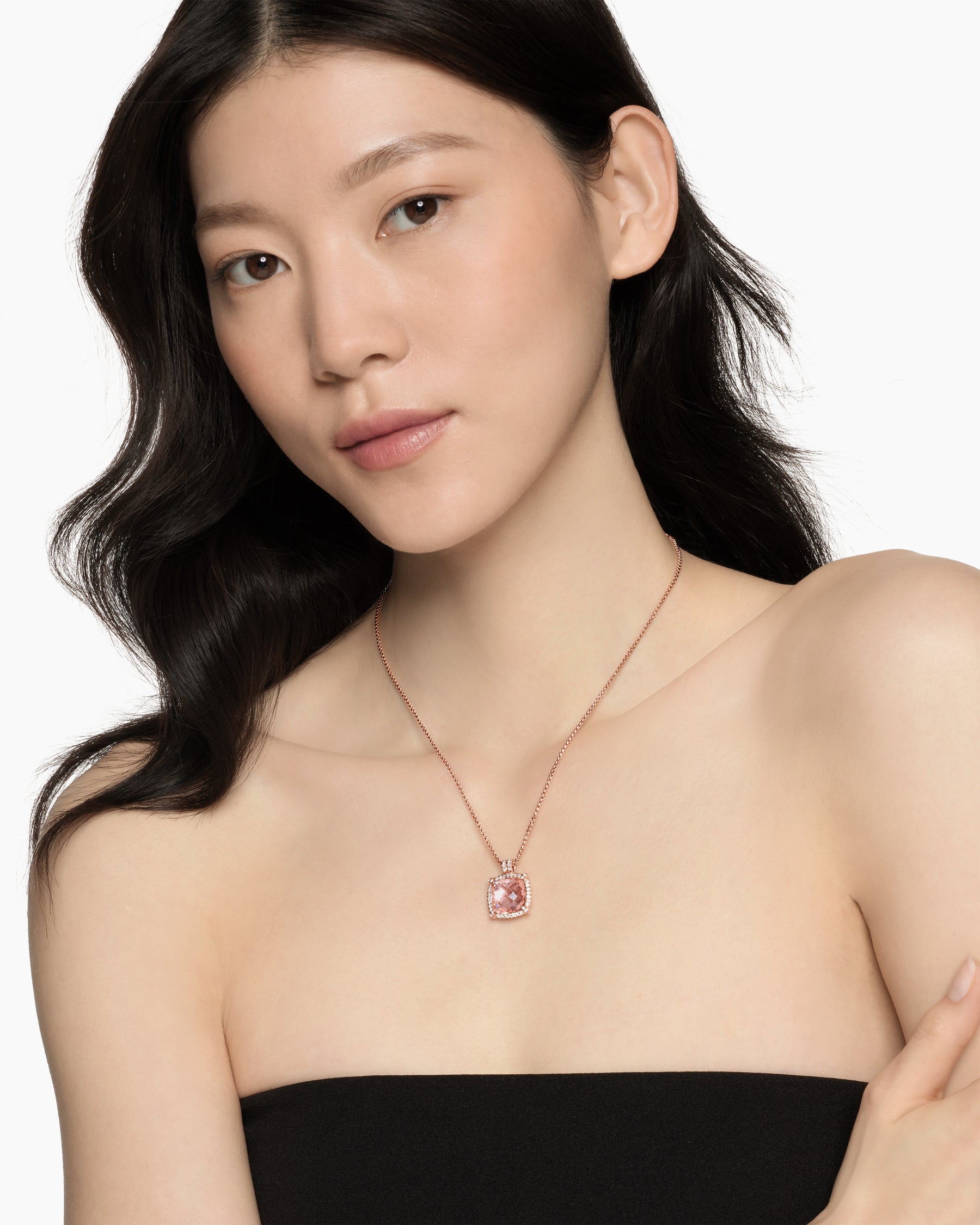 Alternative view of Chatelaine Pavé Bezel Pendant Necklace in 18K Rose Gold with Morganite and Diamonds, 14mm